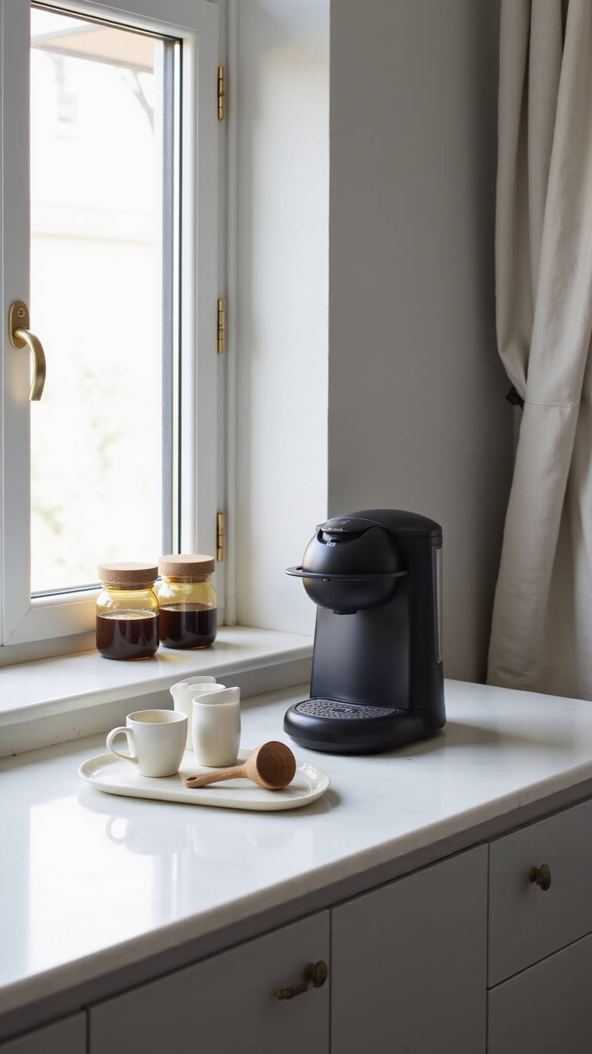 Modern minimalist coffee bar with white quartz countertop, centered black Moccamaster, glass canisters, ceramic mugs, and brass tray in soft morning light.