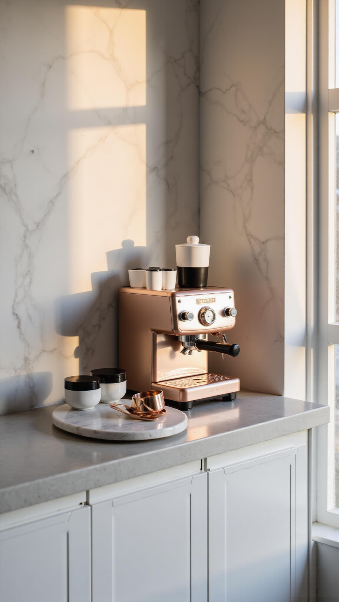 Modern coffee station with rose gold espresso machine, quartz island, and mixed metallic accents in marble-backed kitchen nook at golden hour.