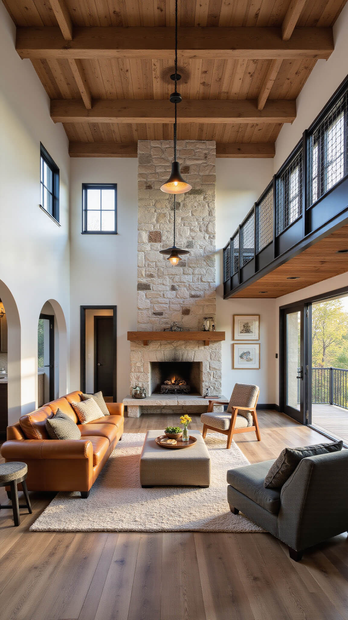 Modern barn great room with soaring ceiling, exposed beams, stone fireplace, floor-to-ceiling windows, and cognac leather sectional at golden hour.