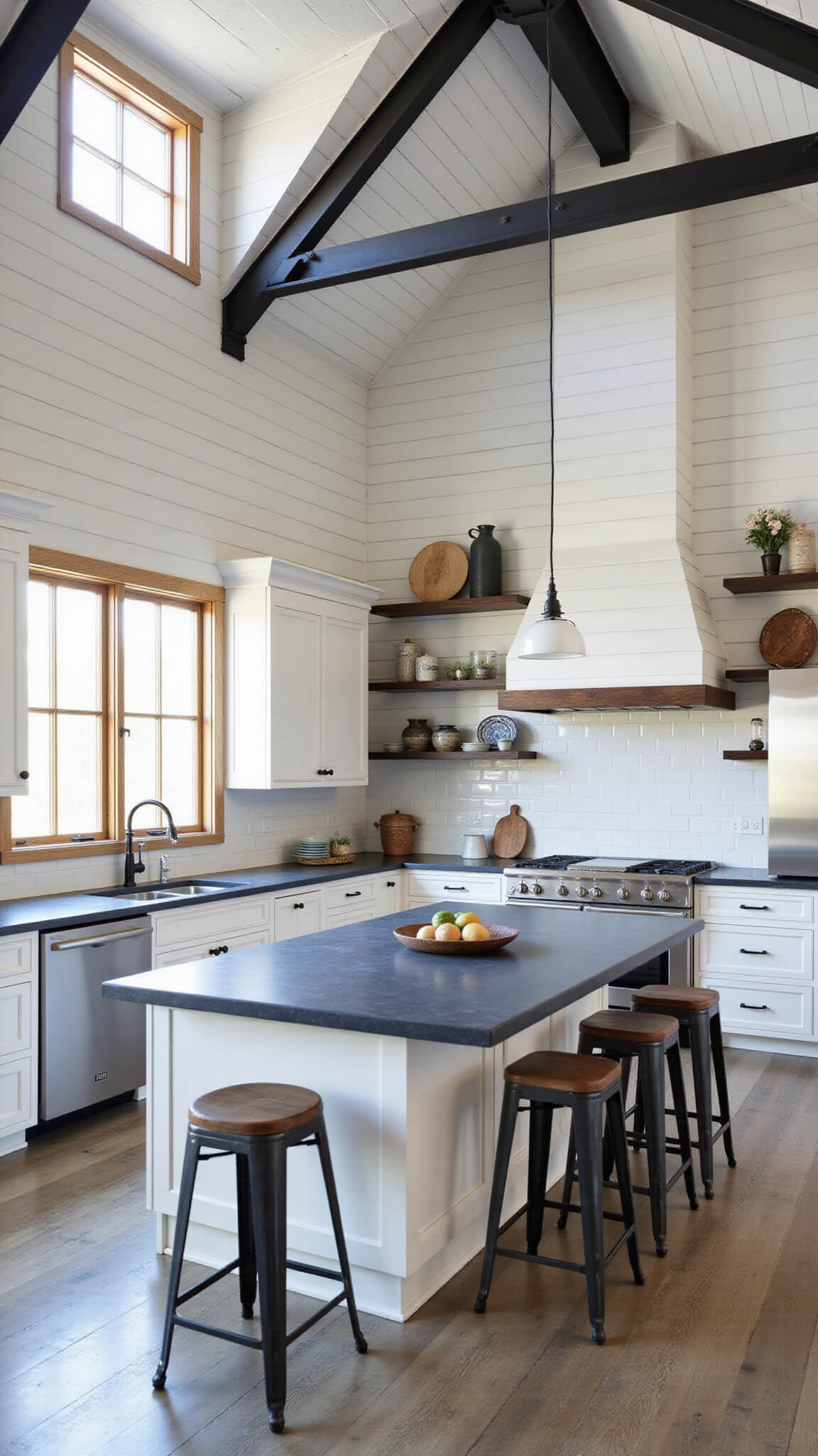 Contemporary barndominium kitchen with vaulted ceiling, black metal trusses, soapstone island, white oak cabinetry, and industrial farmhouse decor in soft morning light.