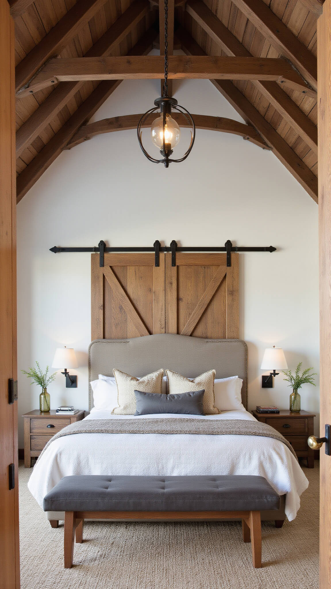 Master bedroom suite in converted hay loft at dusk with exposed timber beams, king bed under gabled ceiling, vintage pendant light, sliding barn doors, warm textiles, reclaimed wood nightstands, and soft mood lighting.