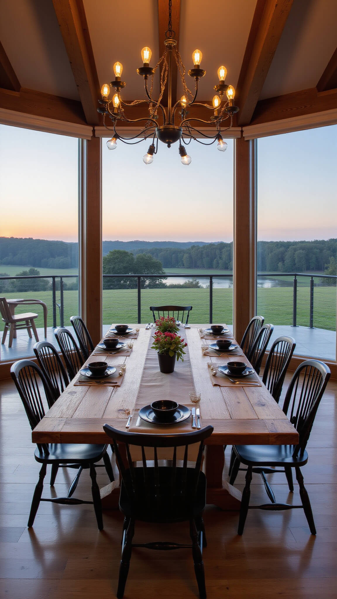 Open concept dining space with 16-foot ceilings, reclaimed barnwood table seating 12, matte black Windsor chairs, Edison bulb chandelier, floor-to-ceiling windows showing pastoral views, styled with linen runner and black stoneware, captured at twilight with warm lighting.