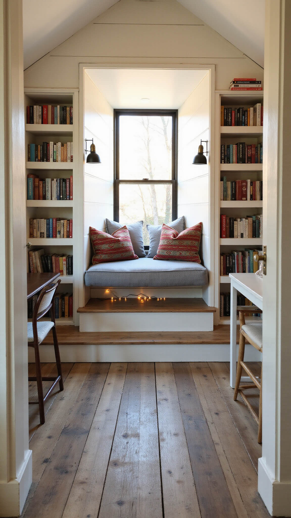 Cozy reading nook loft with built-in bookshelves, window seat, and warm golden hour lighting in a shiplap alcove with rustic and industrial decor.