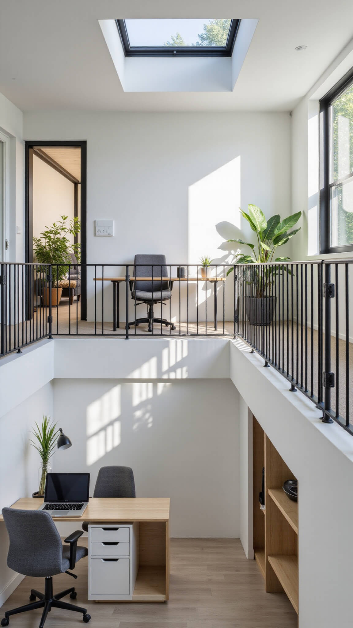 Modern minimalist loft office with floating bleached oak desk, gray mesh ergonomic chair, black metal railings, and potted plants under skylight with dramatic late afternoon shadows.