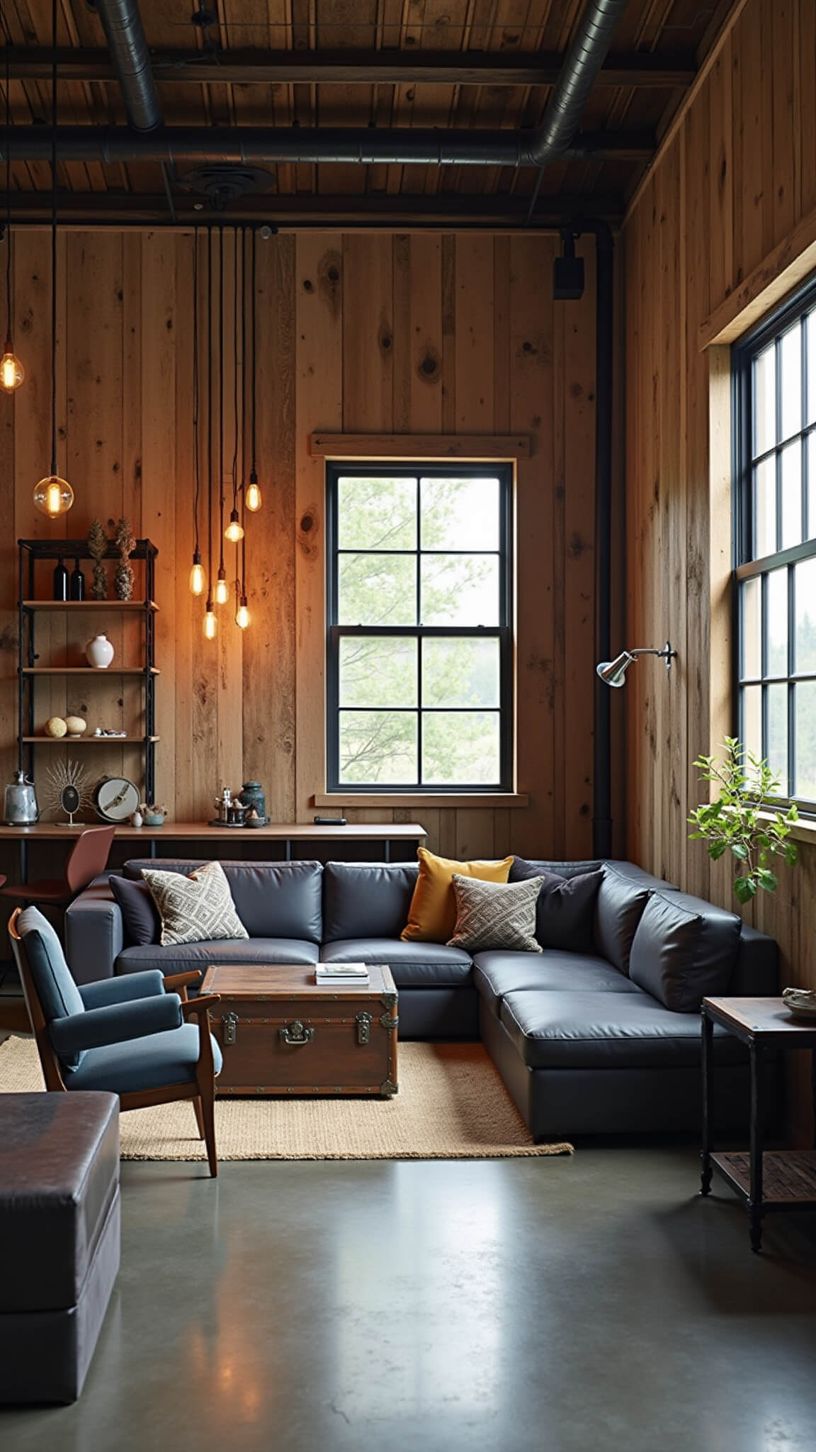 Industrial-rustic loft living space with exposed steel beams, reclaimed wood walls, charcoal leather sectional, vintage trunk coffee table, iron pipe shelving, Edison bulb pendant lights, and polished concrete floors.