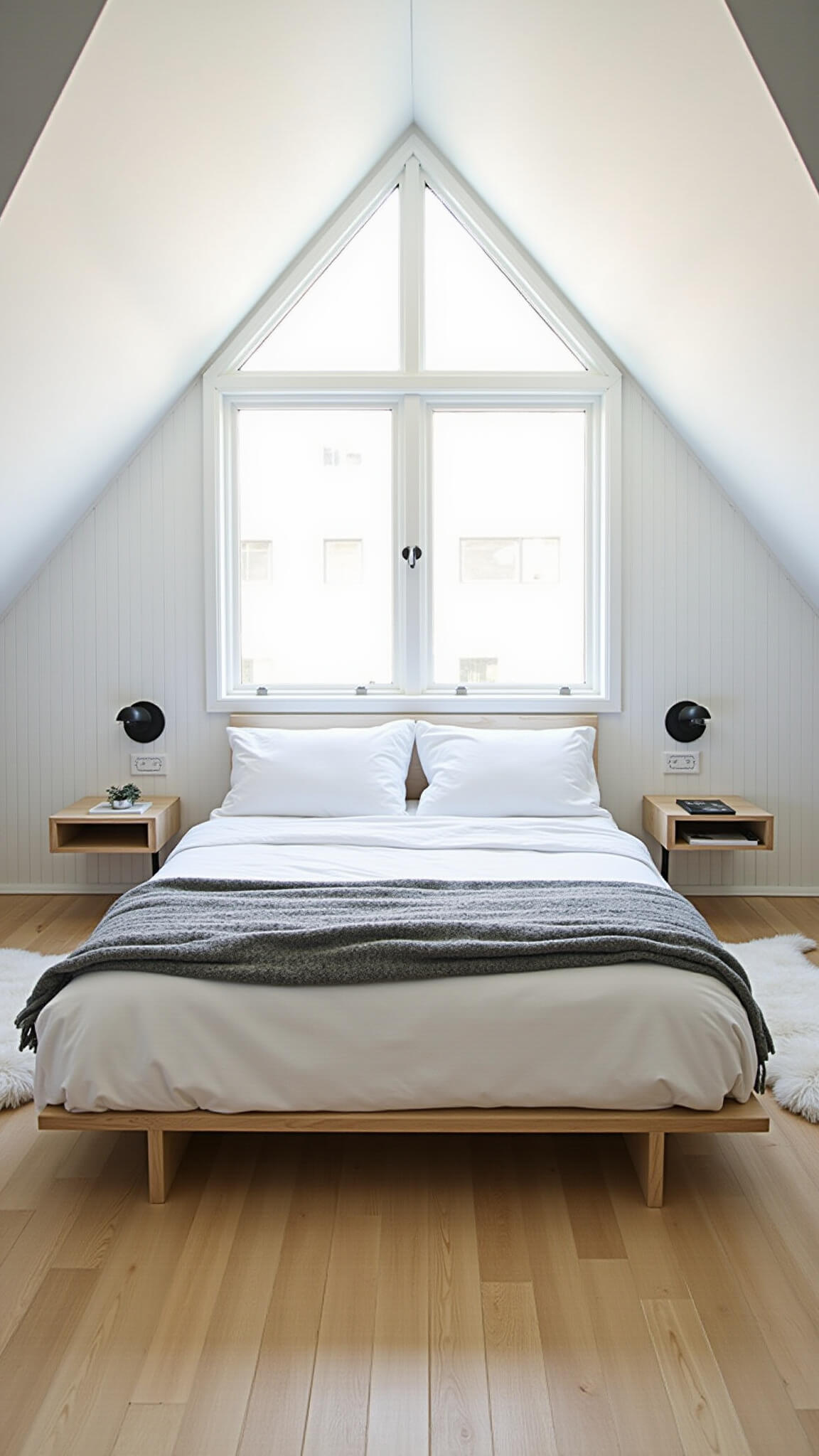 Scandinavian-style sleeping loft with A-frame ceiling, platform bed in white linens and gray throws, light wood floors, sheepskin rugs, and morning light through triangular window.