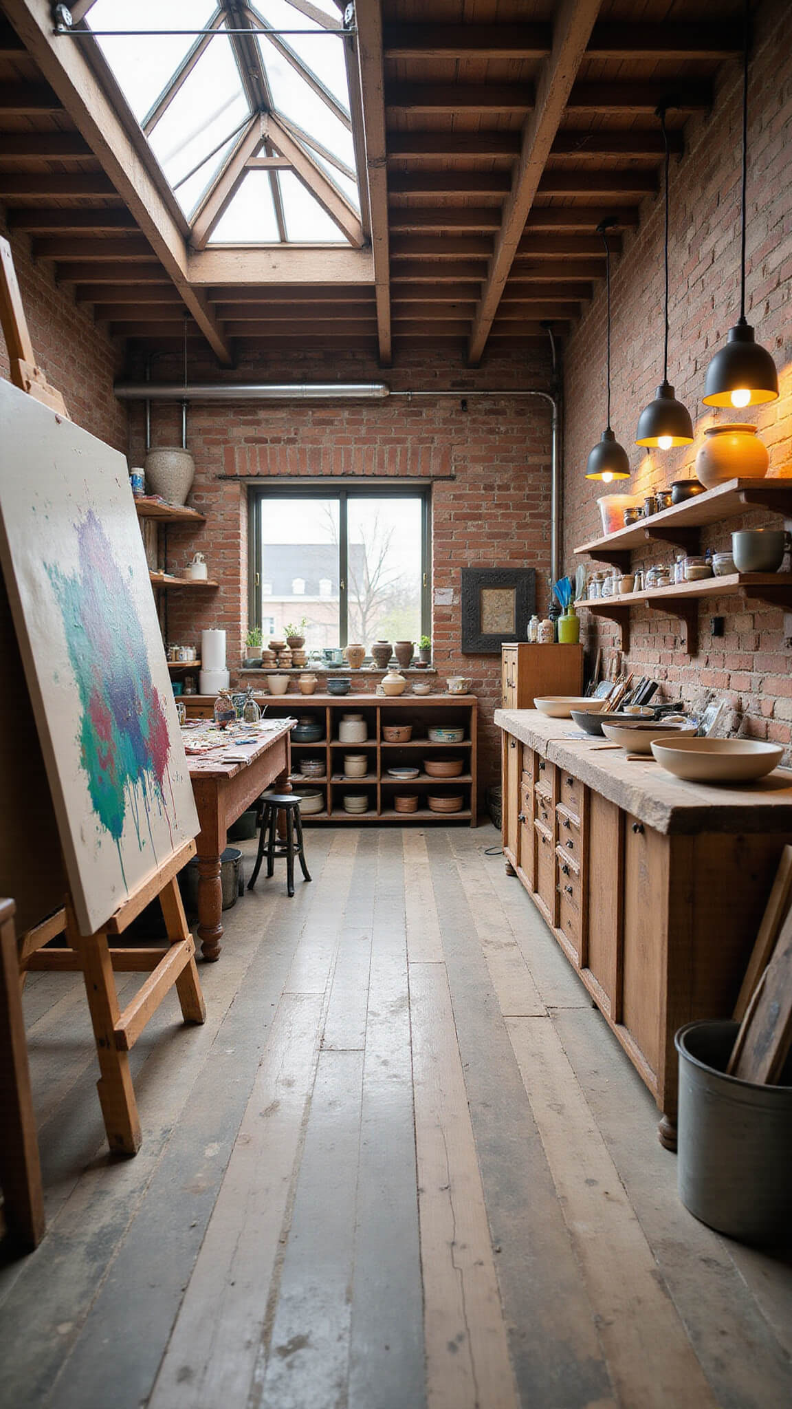 Art studio with exposed brick walls, pottery wheels, and paint-splattered floors lit by skylights and warm pendant lamps.
