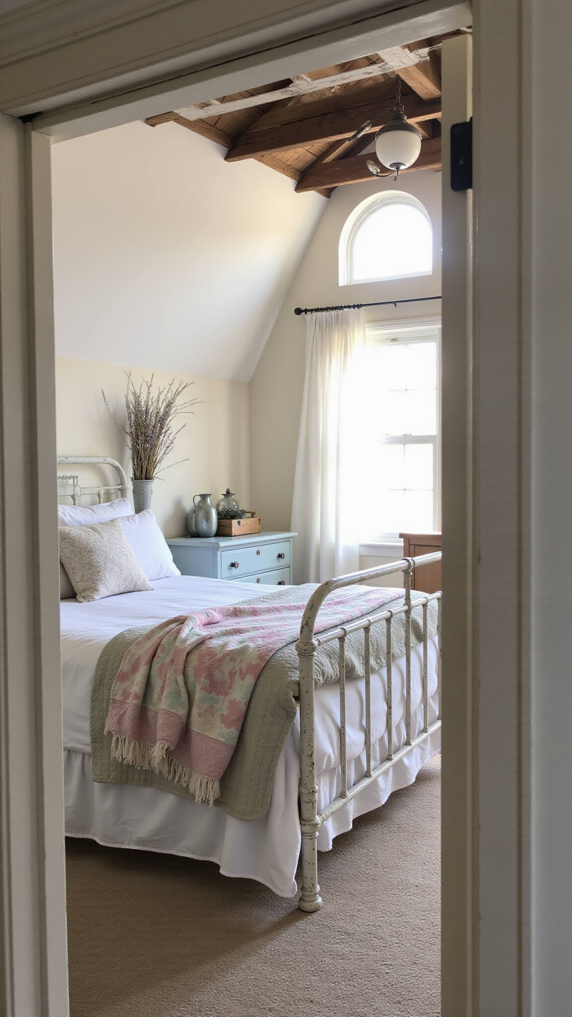 Low angle view of a cozy master bedroom with exposed wooden beams, a chalk white ornate iron bed layered in vintage linens and pastel quilts, morning light filtering through sheer curtains, and a distressed pale blue dresser with mercury glass and dried lavender.
