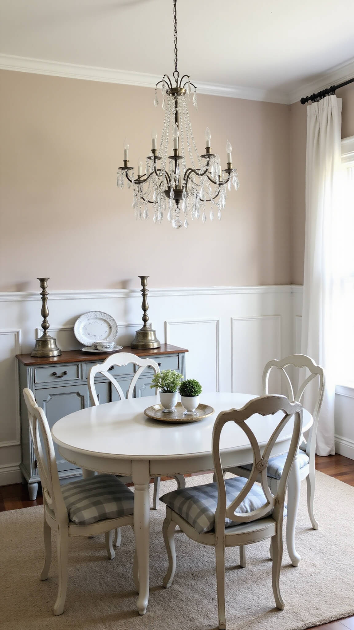 French country dining room with blush walls, crystal chandelier over distressed white oval table, shabby chairs with striped cushions, antique gray buffet, and soft afternoon light.