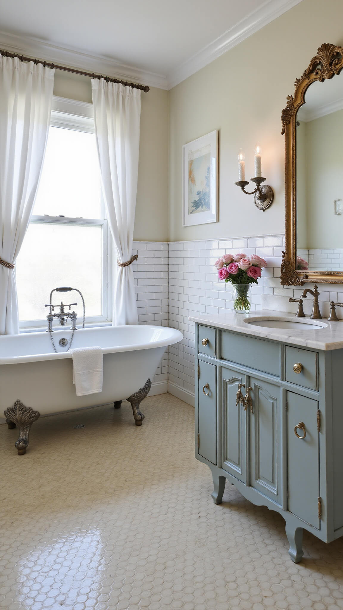 Romantic vintage bathroom with clawfoot tub, aged white subway tiles, cream penny tile floor, soft blue-gray vanity, ornate gilded mirror, crystal sconces, silver accents, and fresh roses by frosted window.