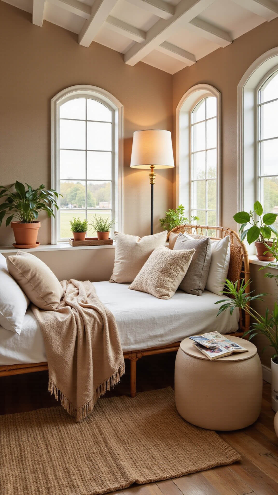 Cozy 12x14ft boho-beige bedroom with rattan bed, layered neutral linens, arched windows, potted plants, and textured natural decor.