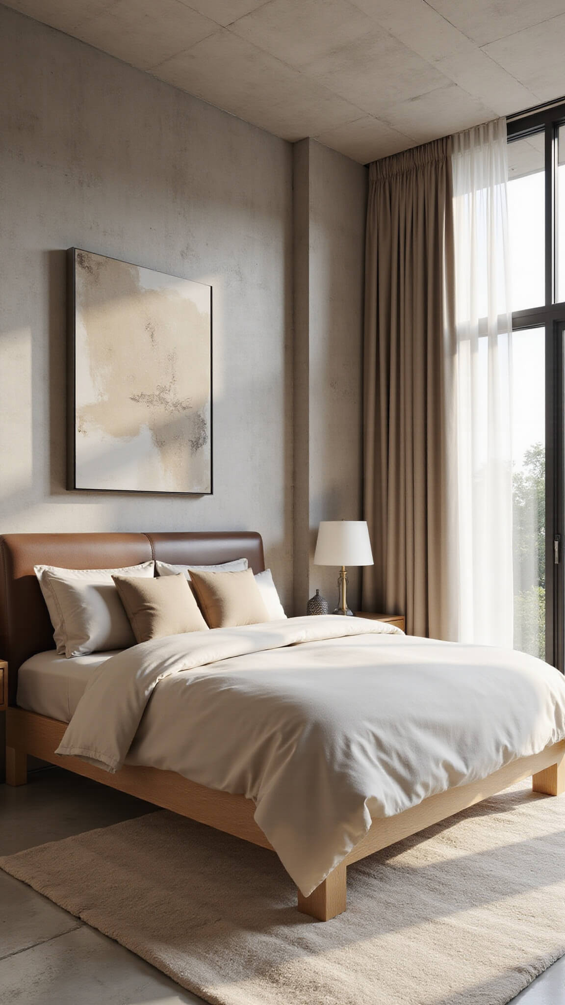 Minimalist 14x16ft bedroom with concrete accent wall, platform bed, monochromatic bedding, large abstract art, and floor-to-ceiling windows with sheer drapes.