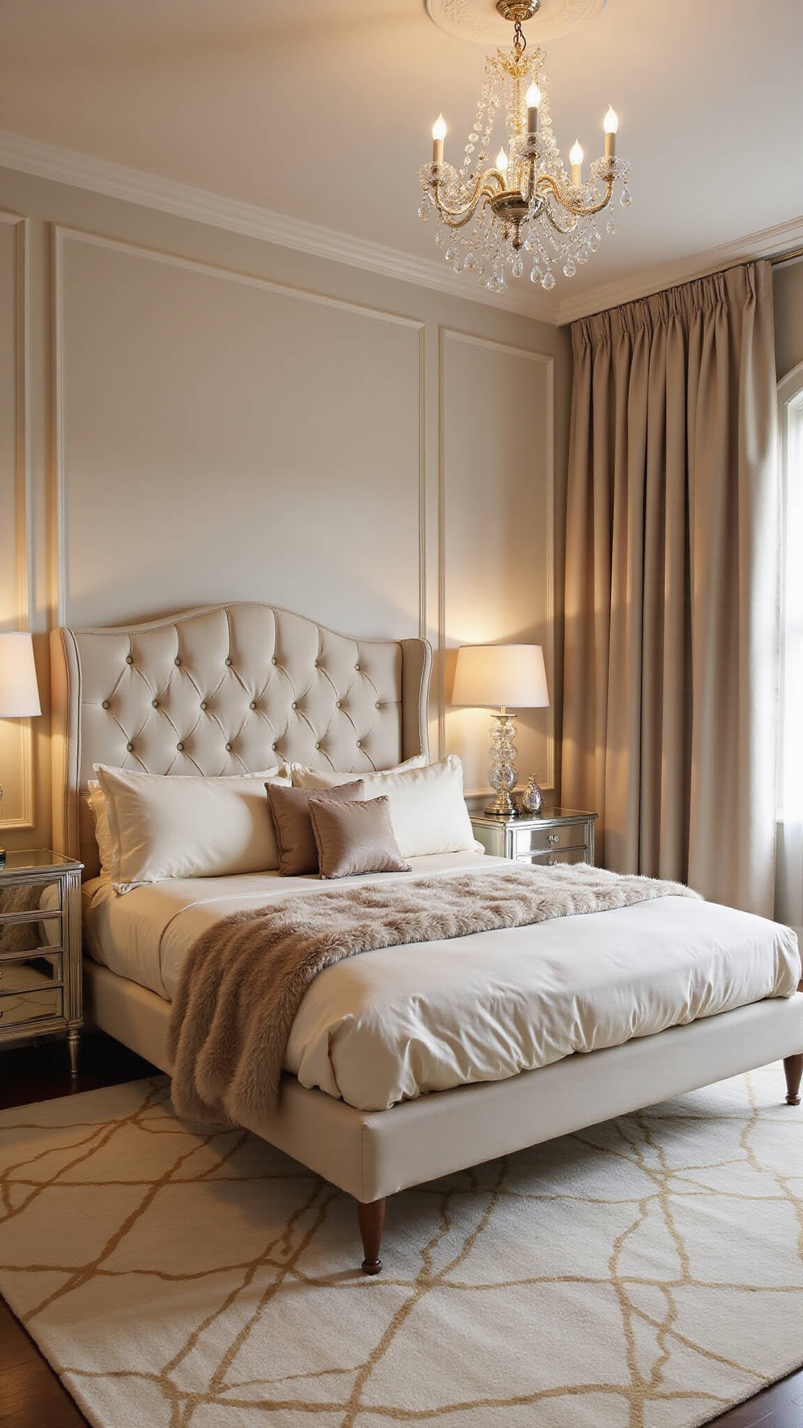 Luxurious beige boudoir with tufted velvet bed, champagne silk bedding, crystal chandelier, mirrored nightstands, and pearl-toned wallpaper.
