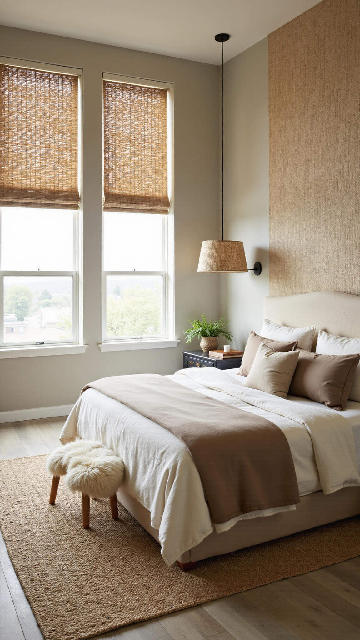 Organic modern beige bedroom with textured walls, natural fiber bedding, jute and sheepskin rug, and soft diffused light through bamboo-shaded windows.