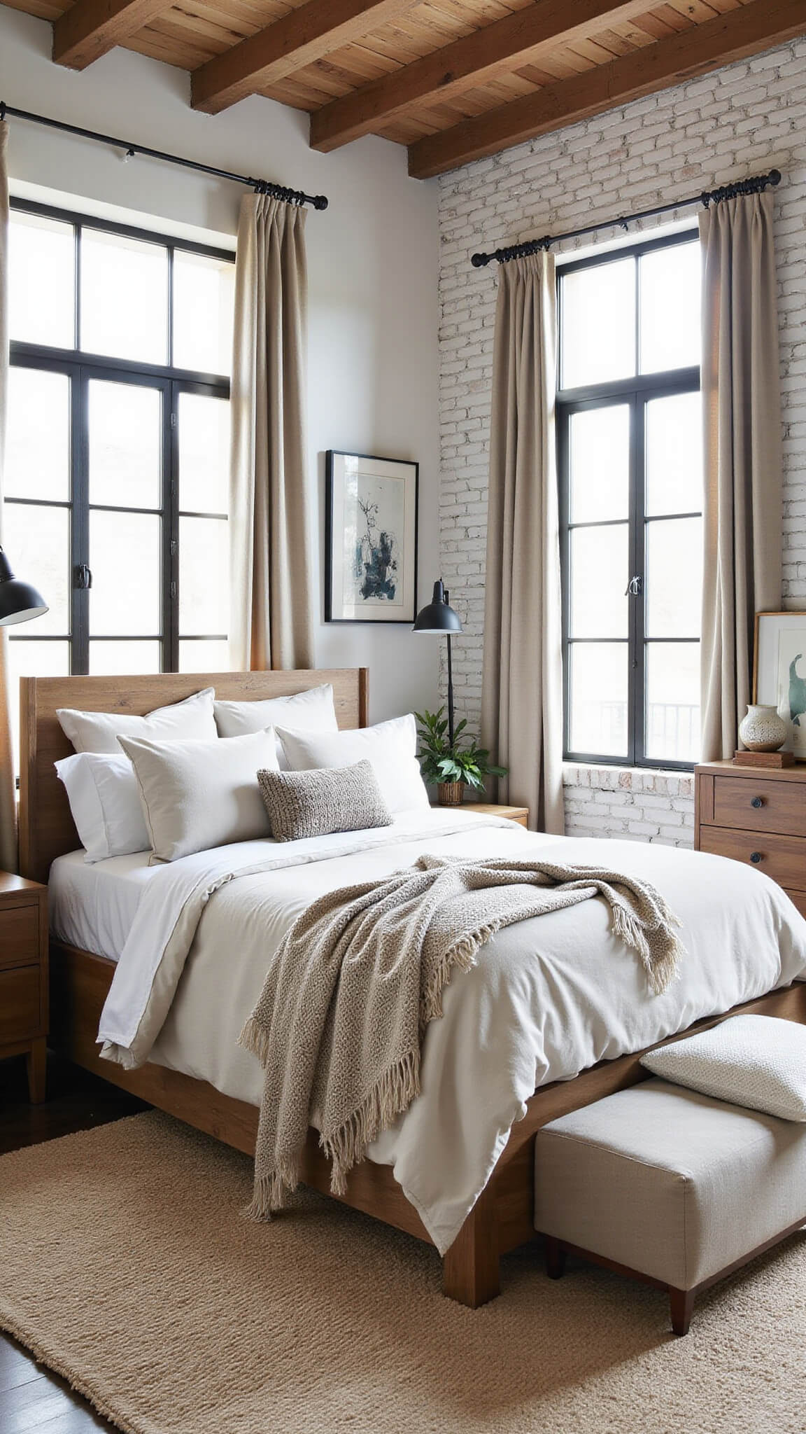 Rustic modern beige bedroom with whitewashed brick wall, exposed wooden beams, reclaimed wood bed, layered rugs, and industrial windows with linen drapes.