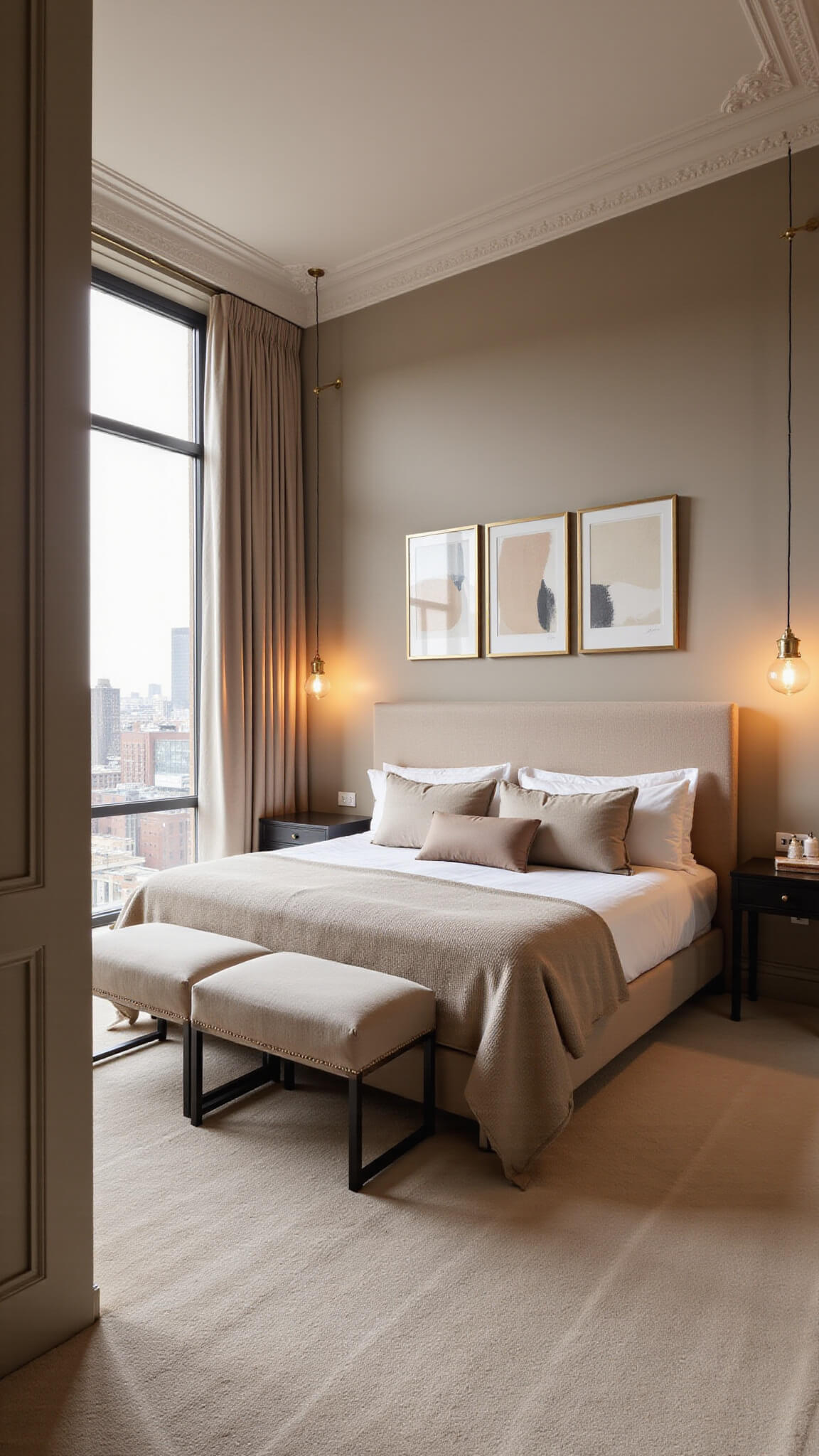 Modern beige master bedroom with king bed, brass accents, floor-to-ceiling windows, and warm golden hour lighting.