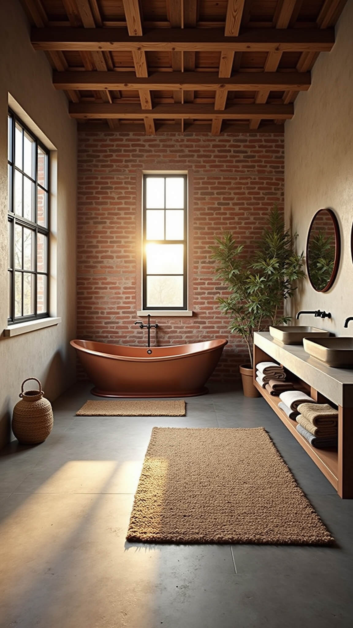 Barndominium master bathroom with copper soaking tub, exposed brick walls, wooden beams, and vintage brass fixtures bathed in golden hour light.