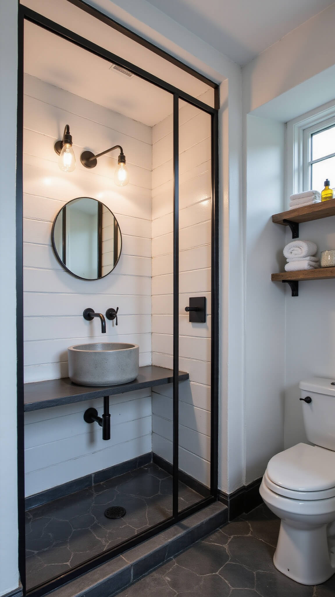 Modern farmhouse bathroom with black steel-framed shower, shiplap walls, concrete sink, hex slate floor tiles, and moody morning lighting.