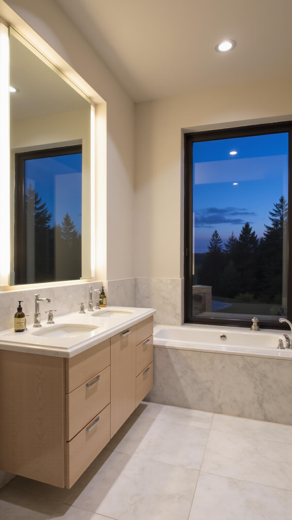 Luxurious spa-like ensuite at dusk with marble shower, white oak double vanity, freestanding tub by picture window, and ambient LED lighting.