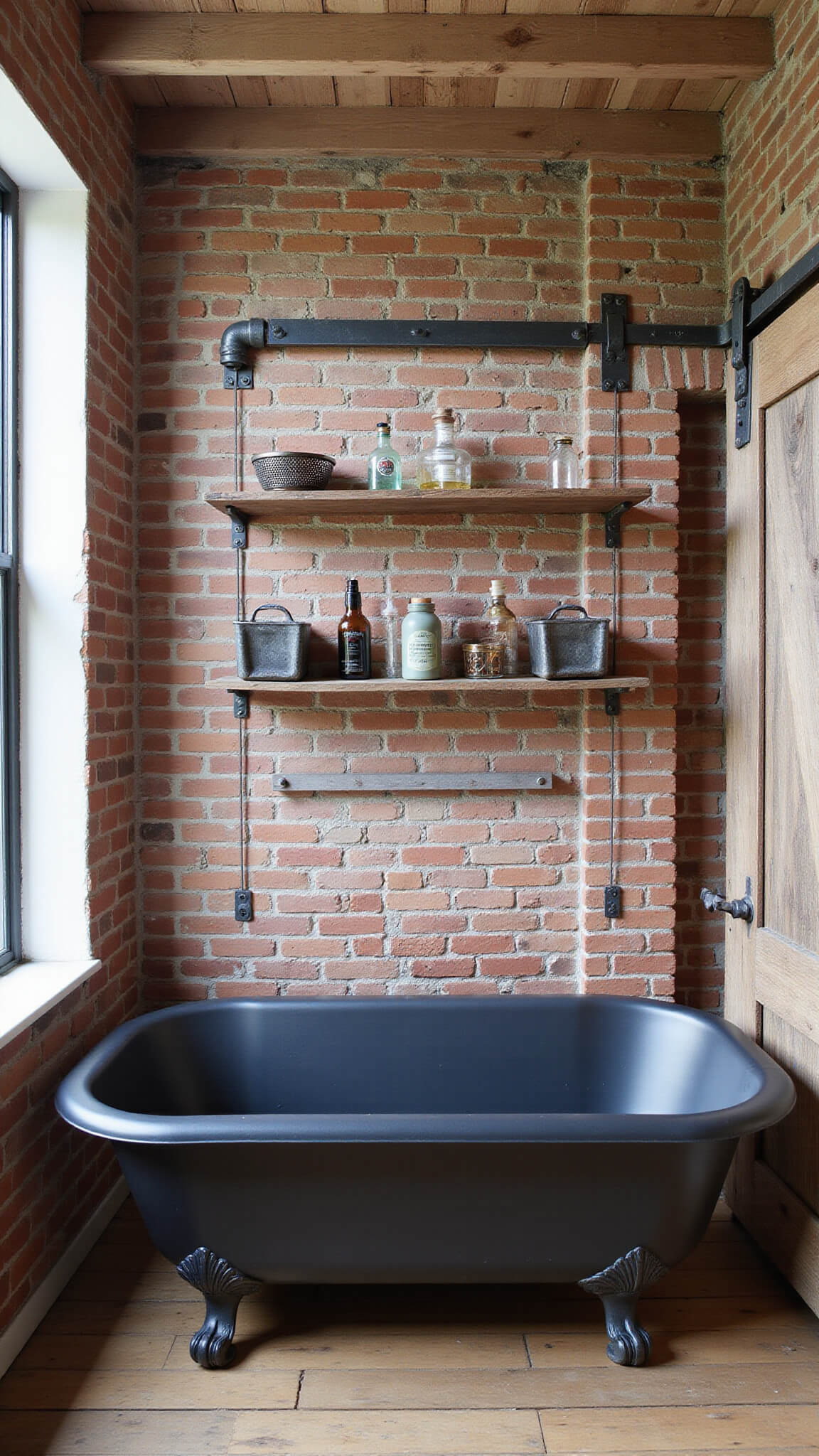 Rustic-industrial bathroom with matte black clawfoot tub, exposed brick chimney, reclaimed wood floors, and industrial shelving, viewed from above in afternoon light.
