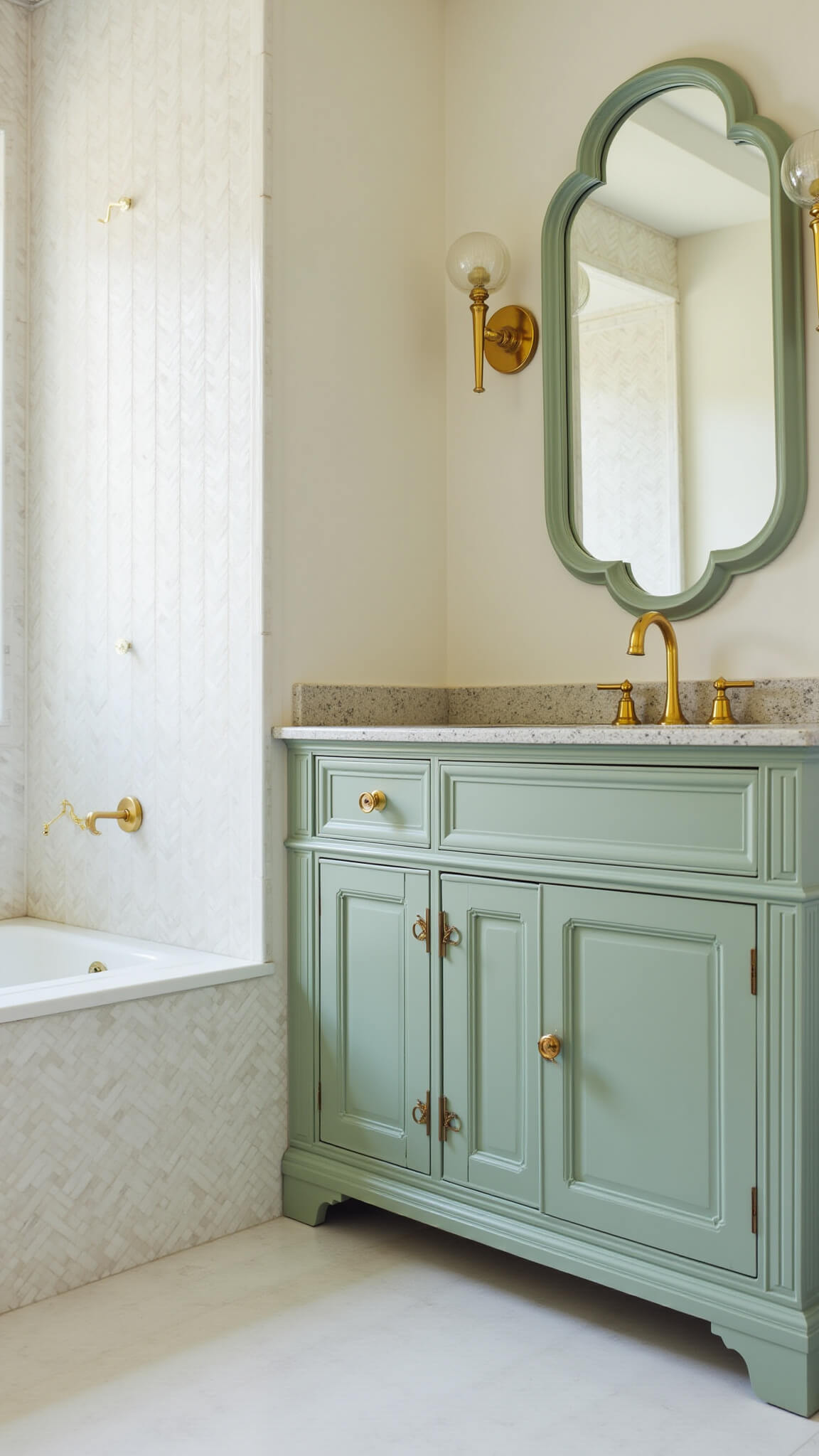 Contemporary farmhouse bathroom with sage green vanity, brass hardware, herringbone marble tiles, arched mirror, and built-in linen cabinet in bright morning light.