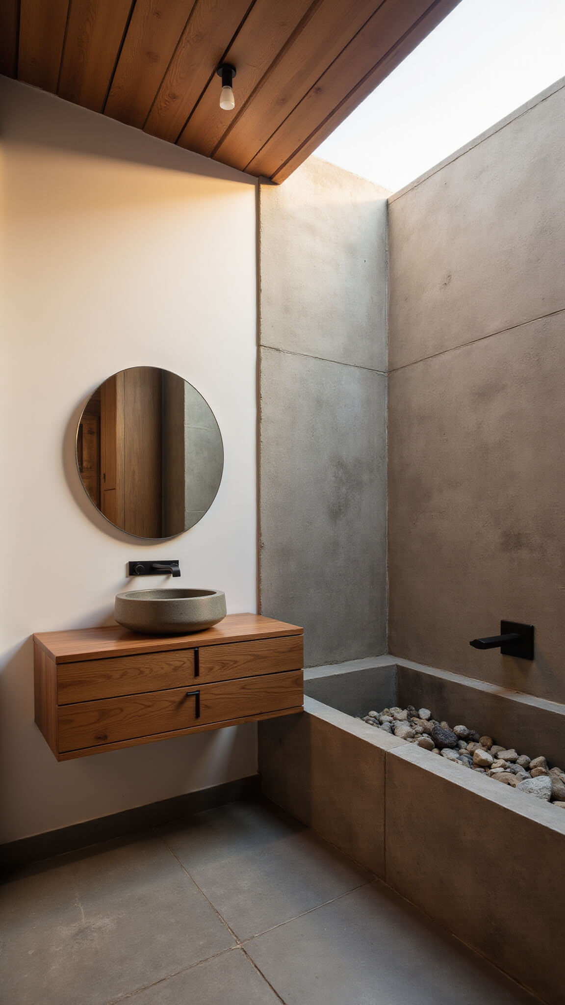 Minimalist zen bathroom at sunset with floating teak vanity, stone vessel sink, Japanese soaking tub, and golden light highlighting textured plaster walls.