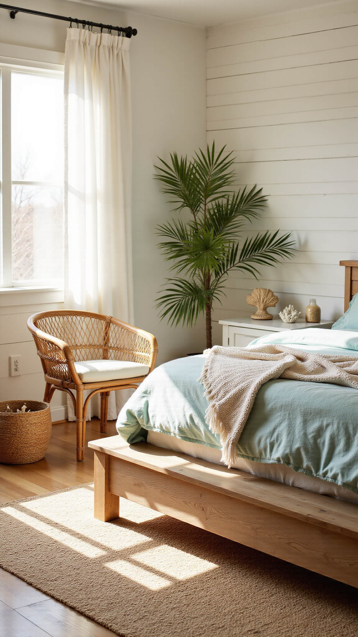 Sunlit coastal-style bedroom with shiplap walls, oak platform bed, linen bedding, layered rugs, and natural textures at golden hour.