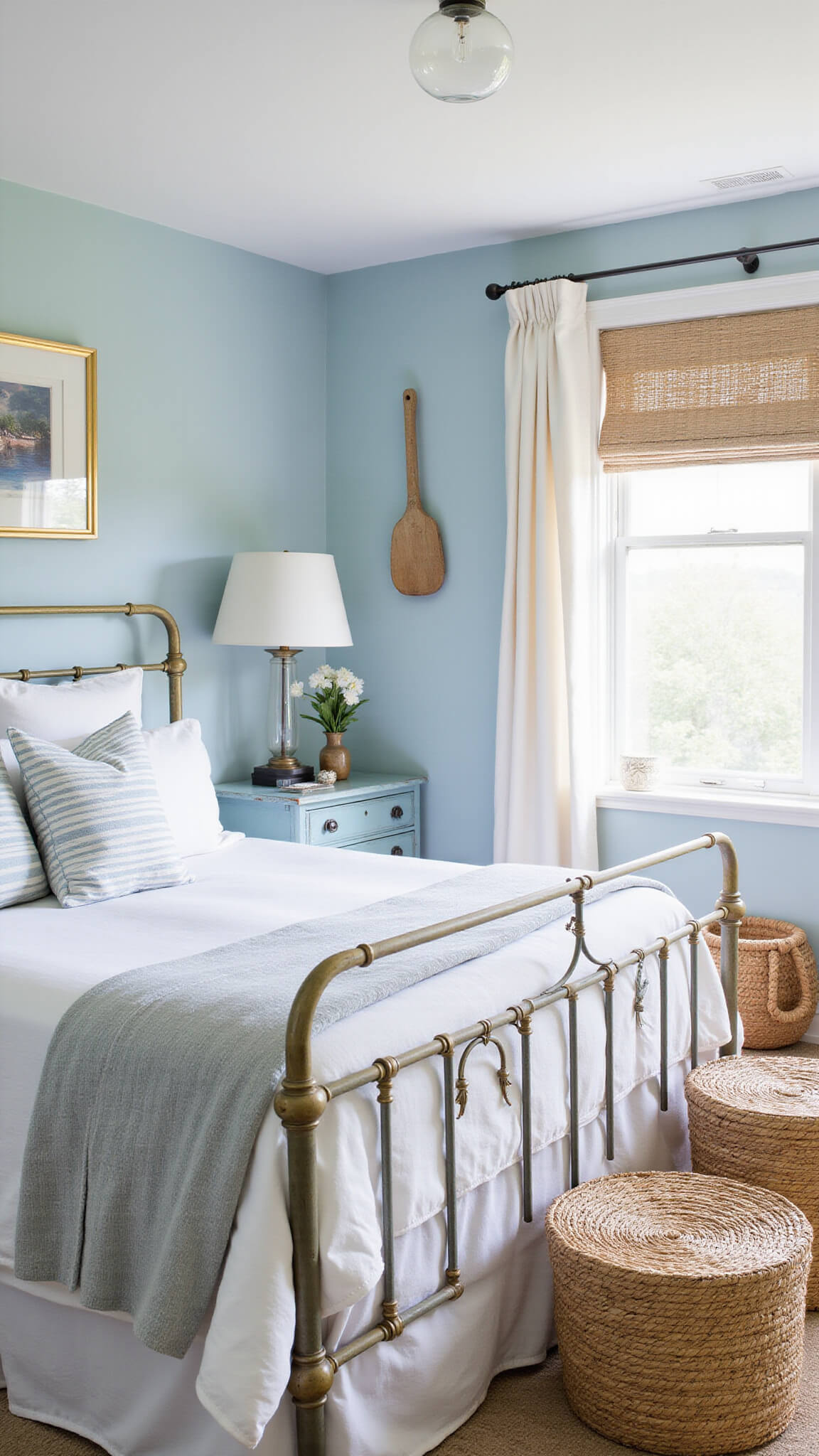 Coastal-style guest bedroom with brass queen bed, white linens, striped pillows, glass pendant lights, vintage oar wall art, and blue console against light blue walls.