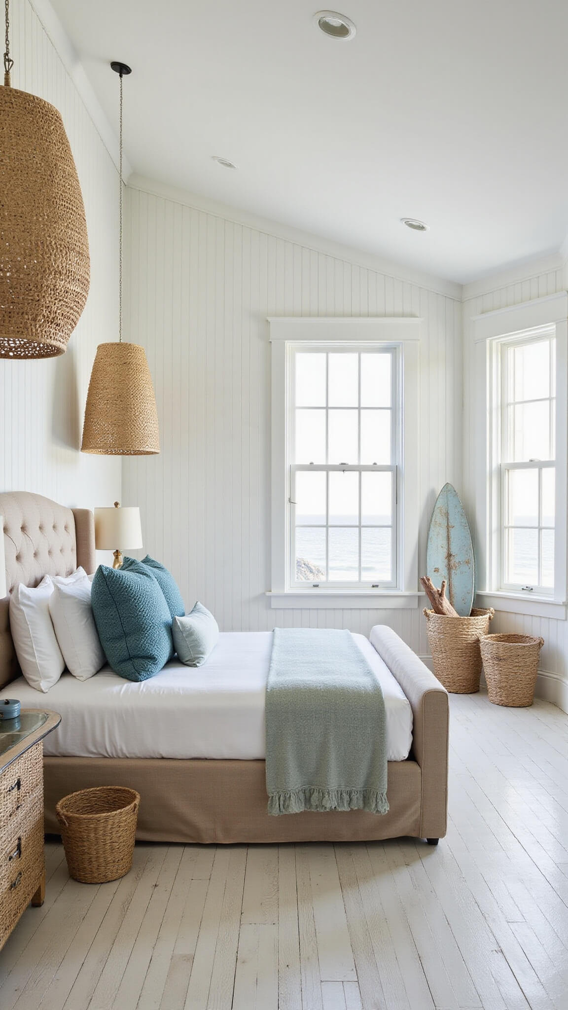 Bright coastal primary bedroom with white beadboard walls, whitewashed floors, linen king bed, sea glass pillows, rattan pendants, and surfboard art.