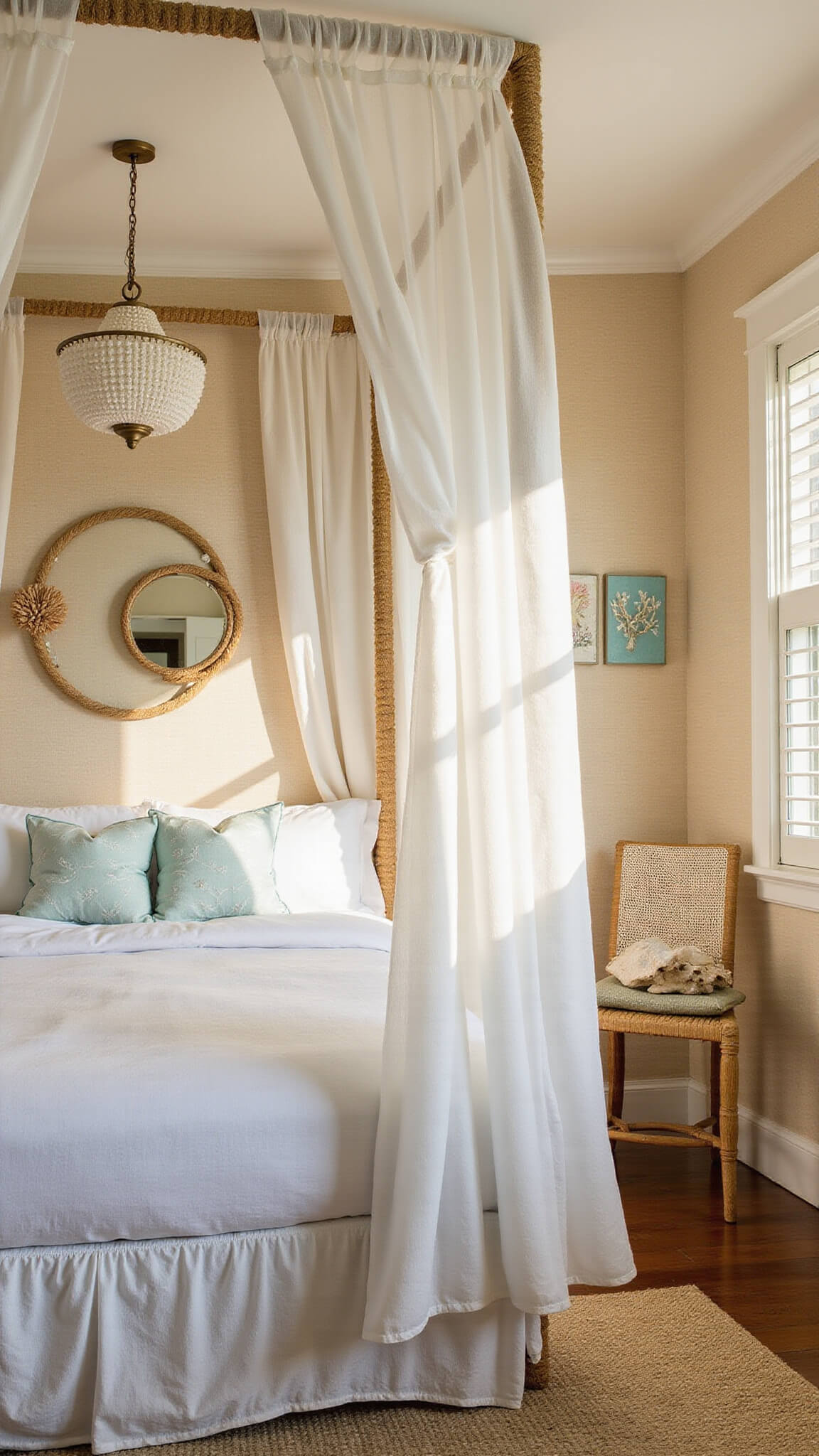 Airy 13x15ft coastal bedroom with canopy bed, gauzy curtains, grasscloth wallpaper, capiz chandelier, and natural fiber decor in morning golden light.