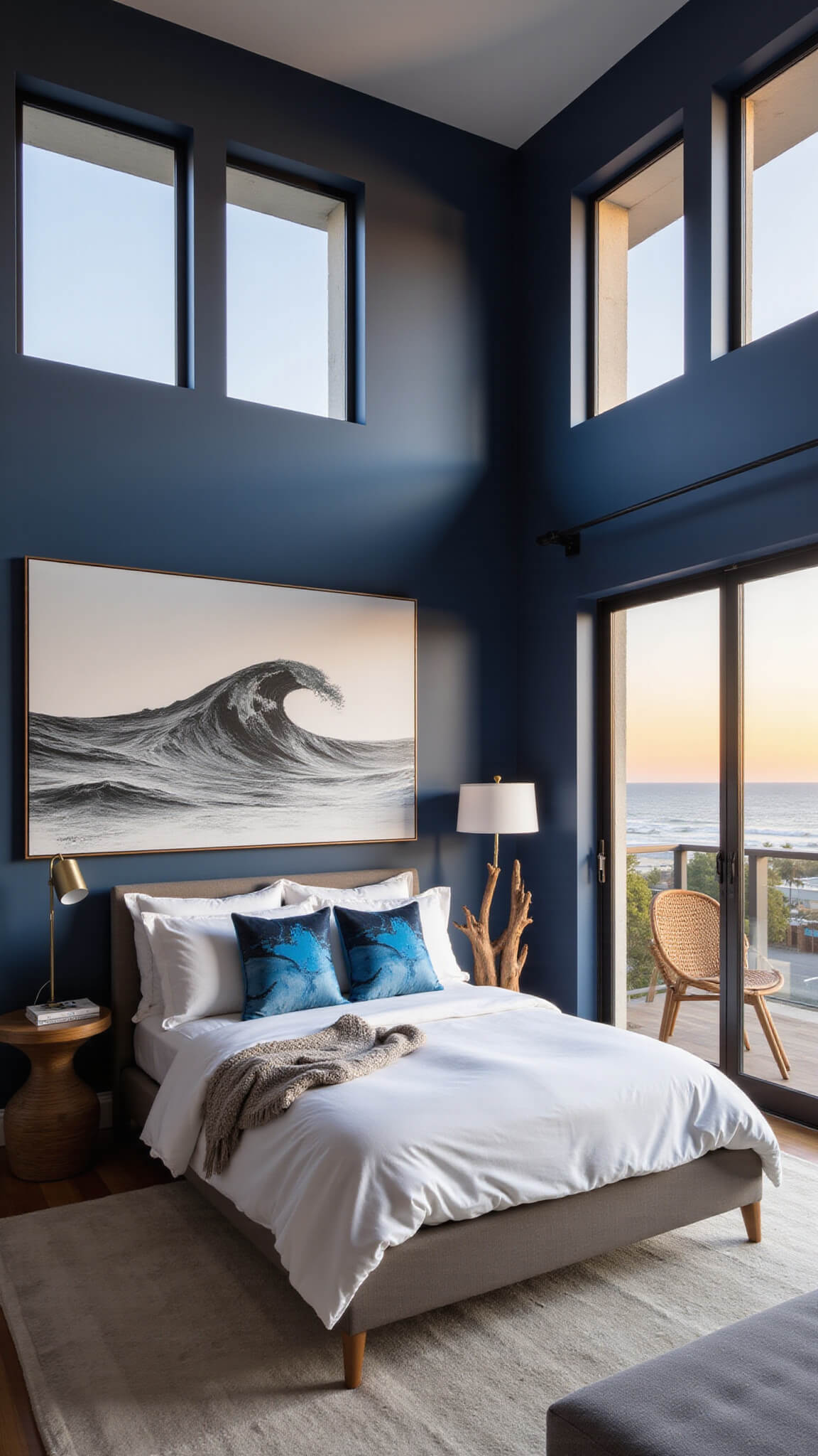 Modern navy bedroom with ocean-view windows, platform bed with white linens, blue pillows, driftwood lamp, coastal decor, and sunset backlighting.