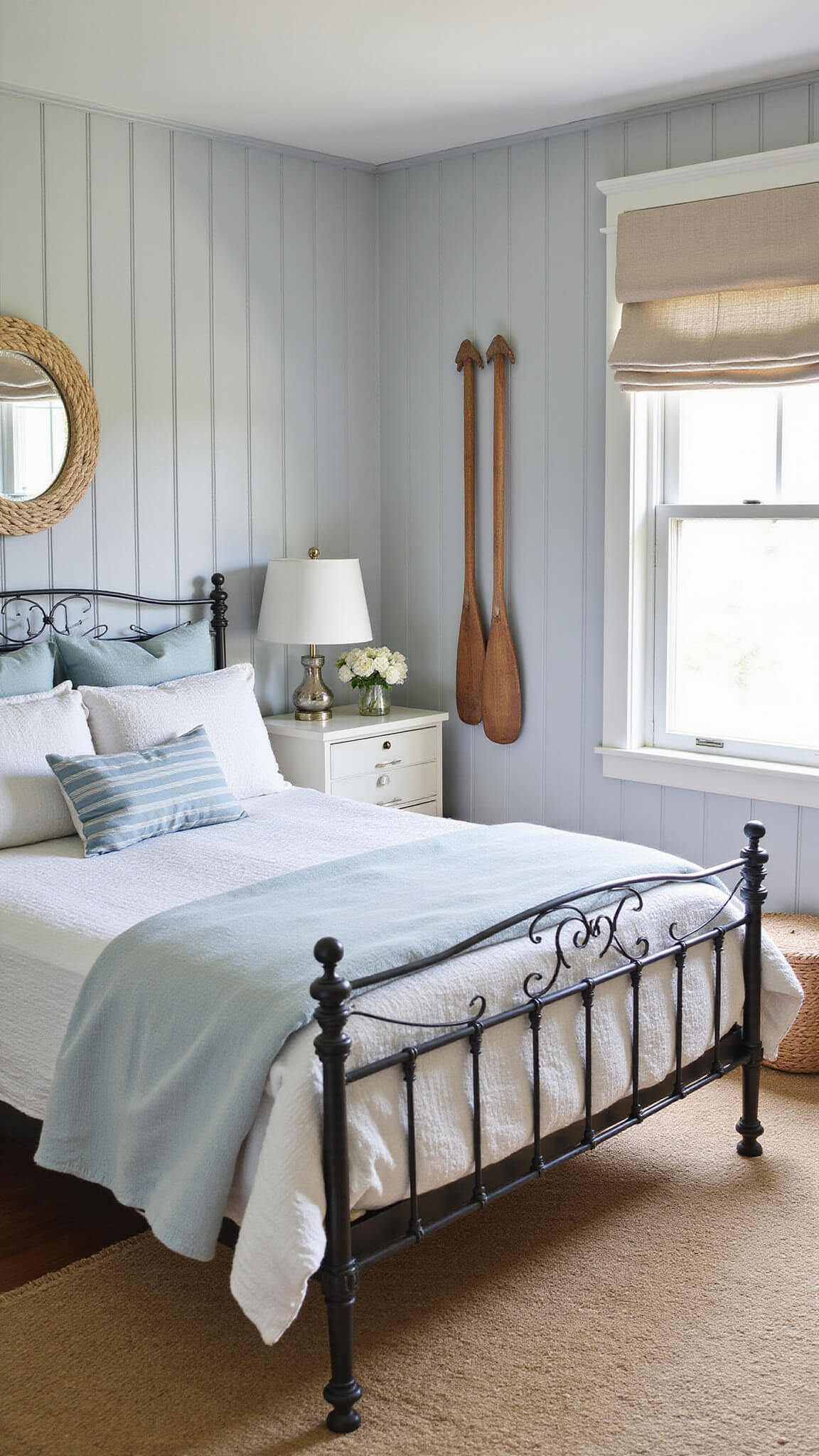 Cozy coastal cottage bedroom with iron bed, pale gray beadboard walls, vintage linens, and nautical decor in soft afternoon light.