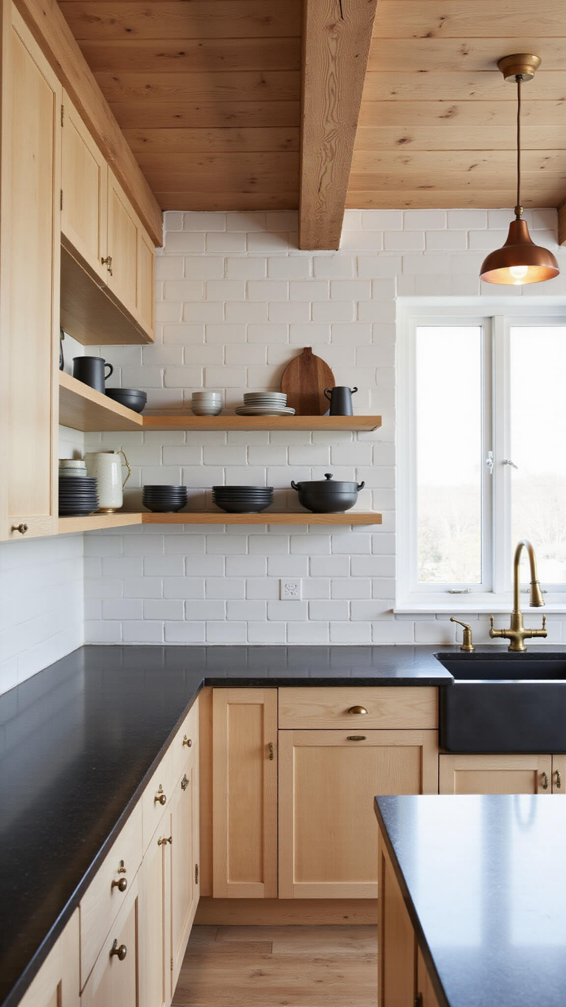 Nordic-style compact kitchen with open bleached oak shelving, farmhouse sink, and copper pendant lights in morning light.