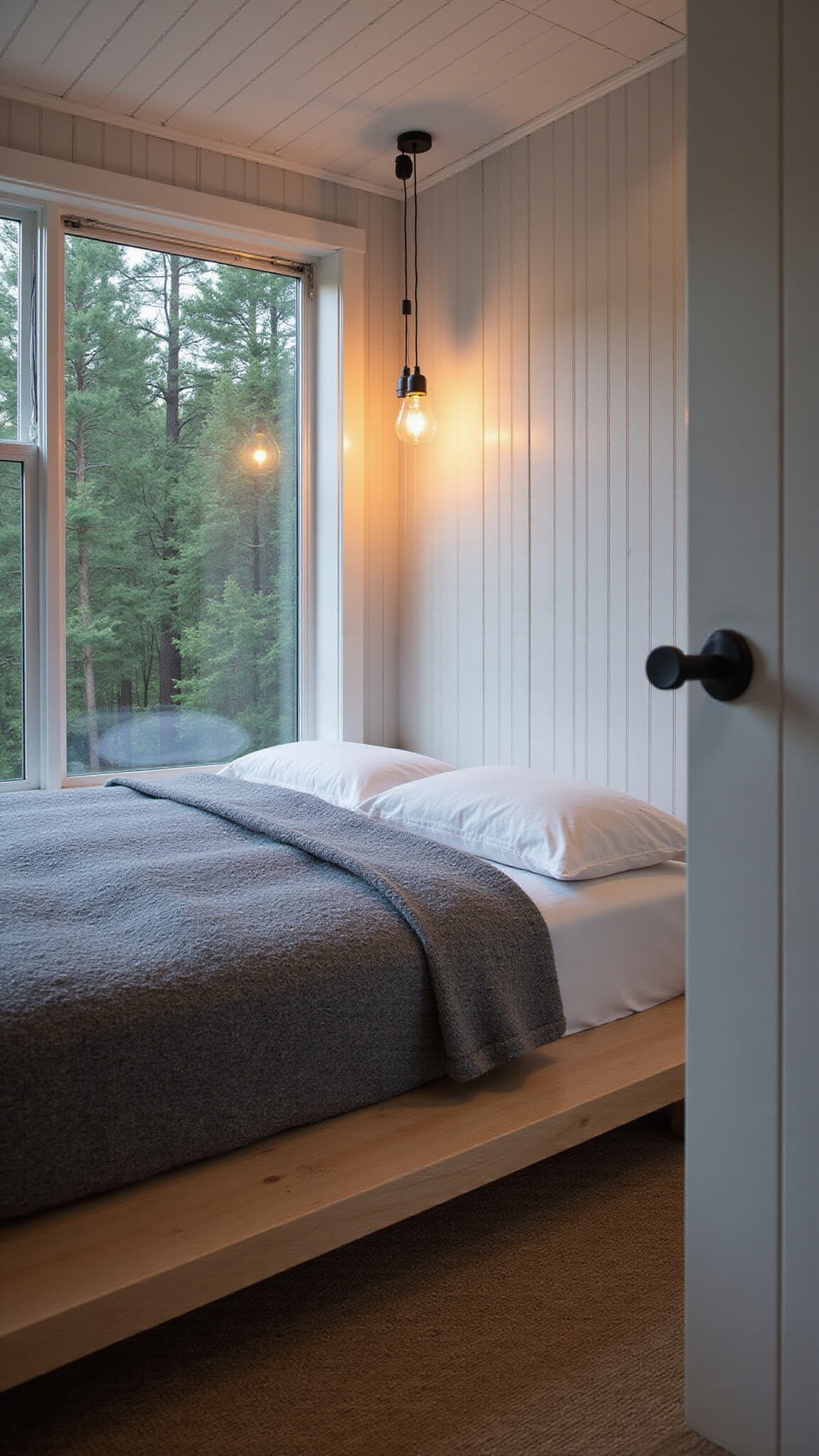 Cozy 14x12ft bedroom at dusk with light oak platform bed, white linens, gray wool throws, pendant Edison bulb, large window showing pine forest, whitewashed walls, and jute rug.