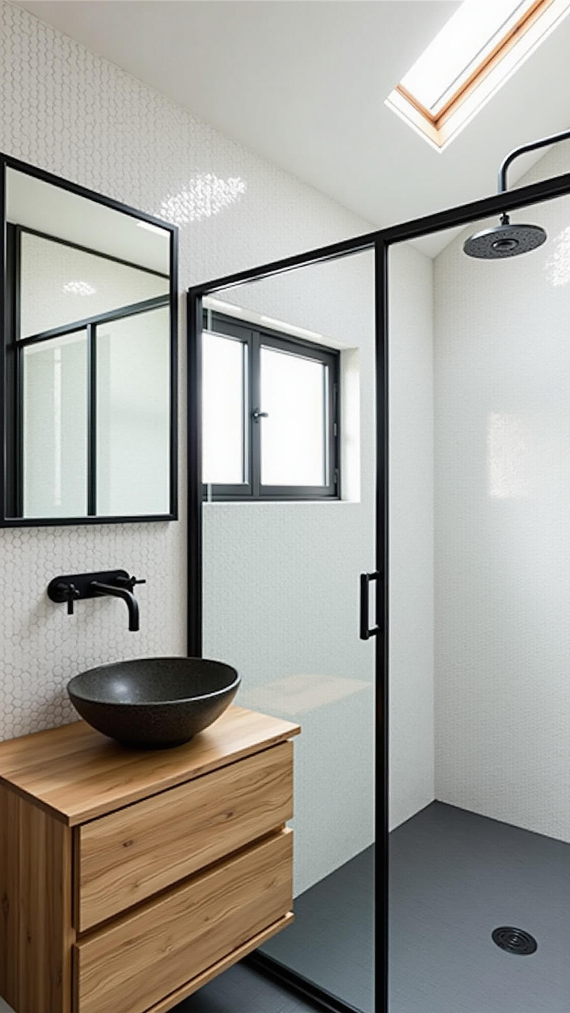 Minimalist 8x8ft bathroom with matte black fixtures, white penny tiles, reclaimed wood floating vanity, stone sink, skylight lighting, frameless glass shower, and black steel-framed mirror.
