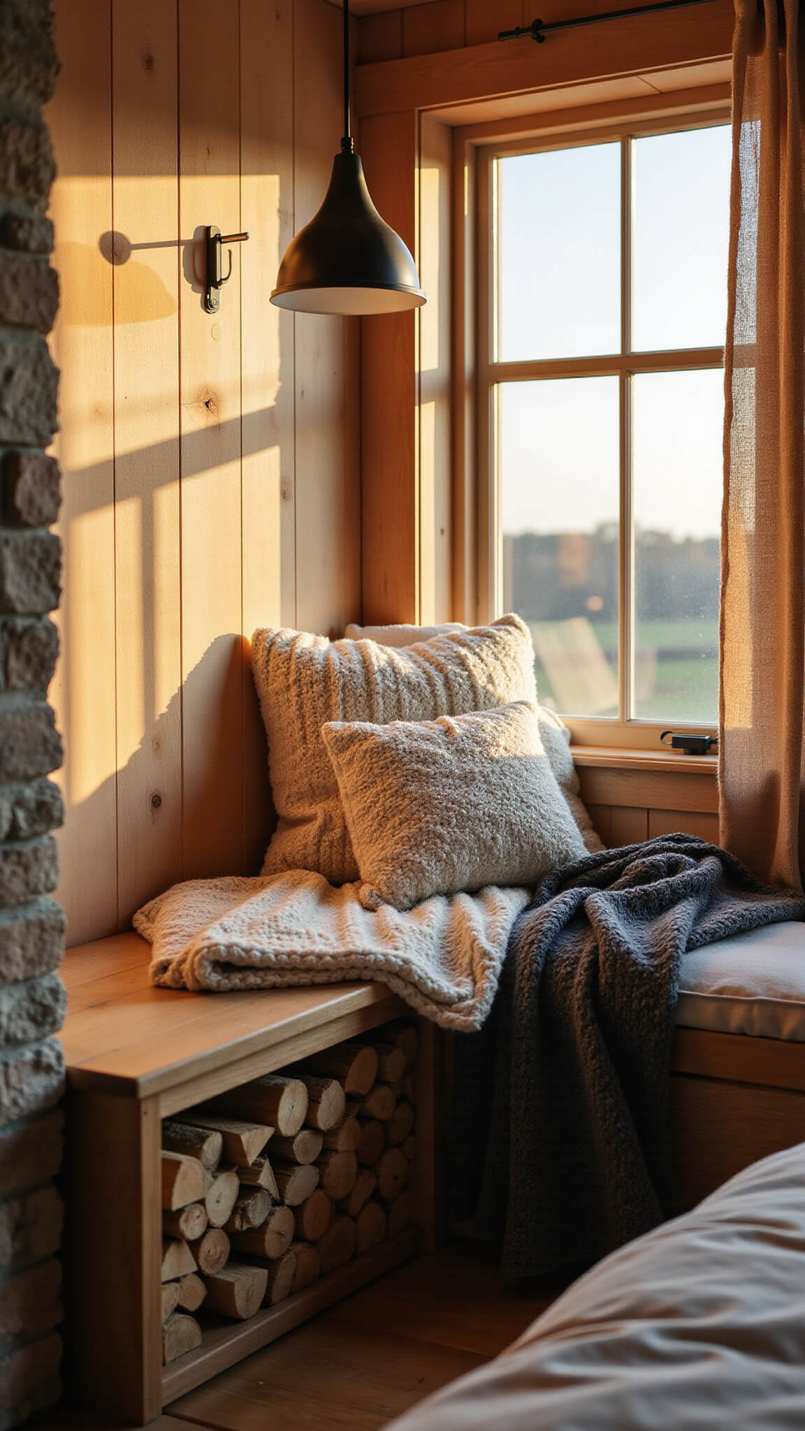 Close-up of cozy reading nook with raw pine window seat, stacked firewood, chunky knit throws, and warm sunset light filtering through linen curtains.