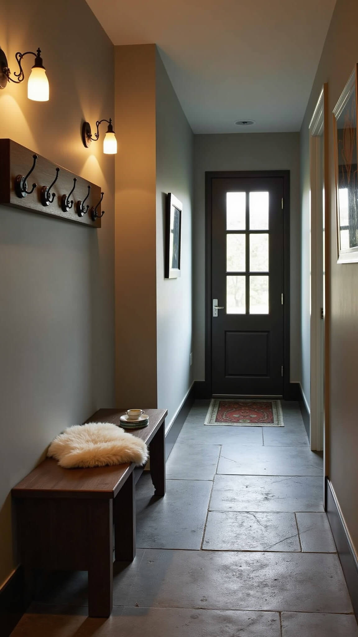 Moody twilight hallway with dark oak bench, sheepskin throw, black coat hooks, vintage runner on slate floor, warm sconce lighting, and mirror reflecting soft light.