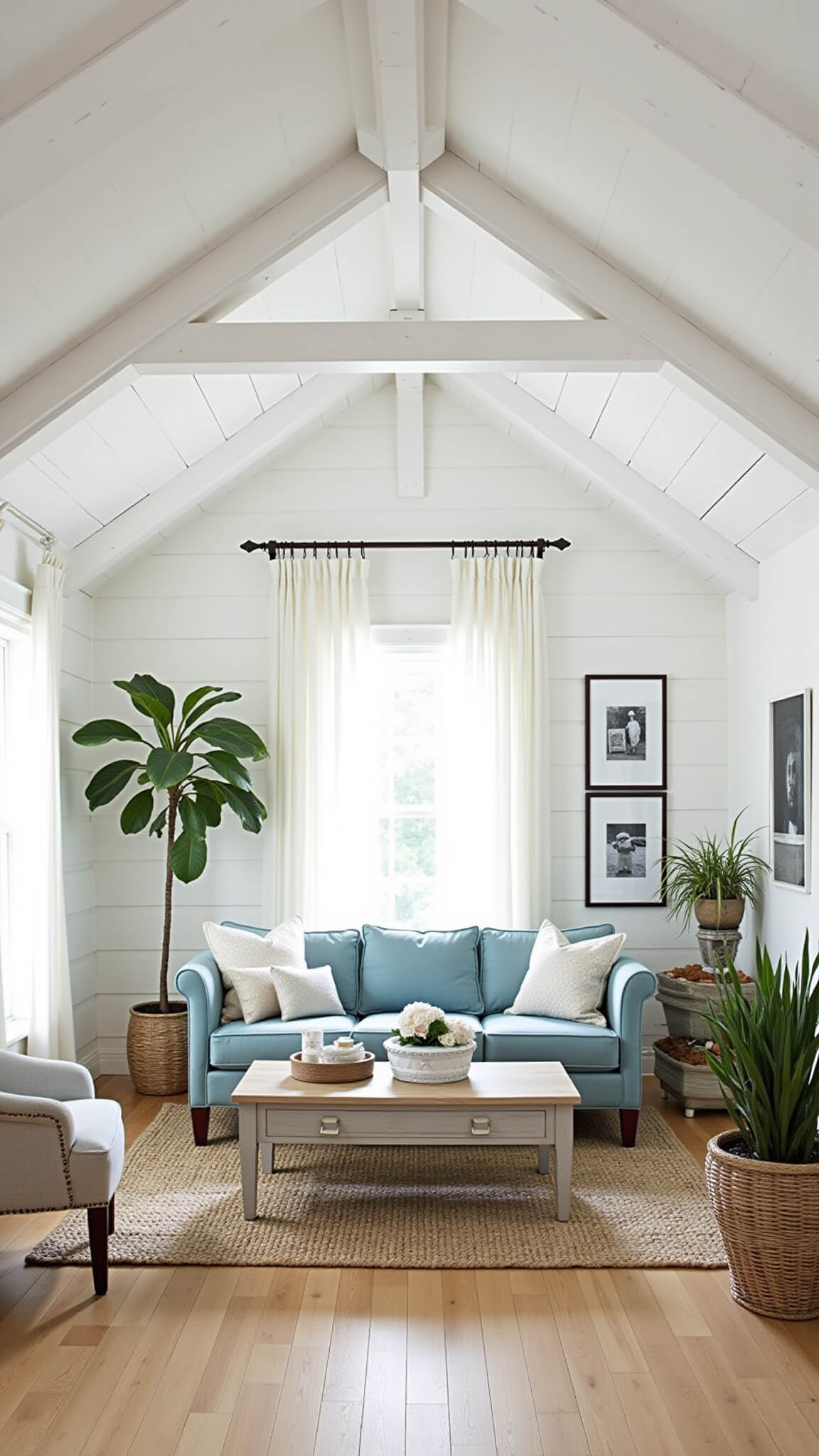 Coastal-inspired sitting room with powder blue sofa, vaulted ceilings with white beams, weathered oak coffee table, seagrass baskets, potted palms, and soft morning light filtering through sheer curtains.