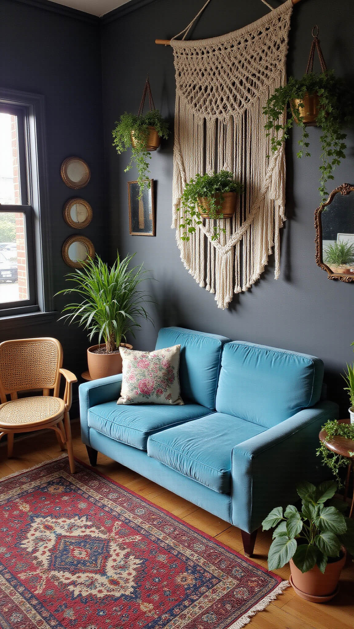 Bohemian den with blue velvet loveseat, dark walls, layered vintage rugs, hanging plants, and macramé-filtered sunlight.