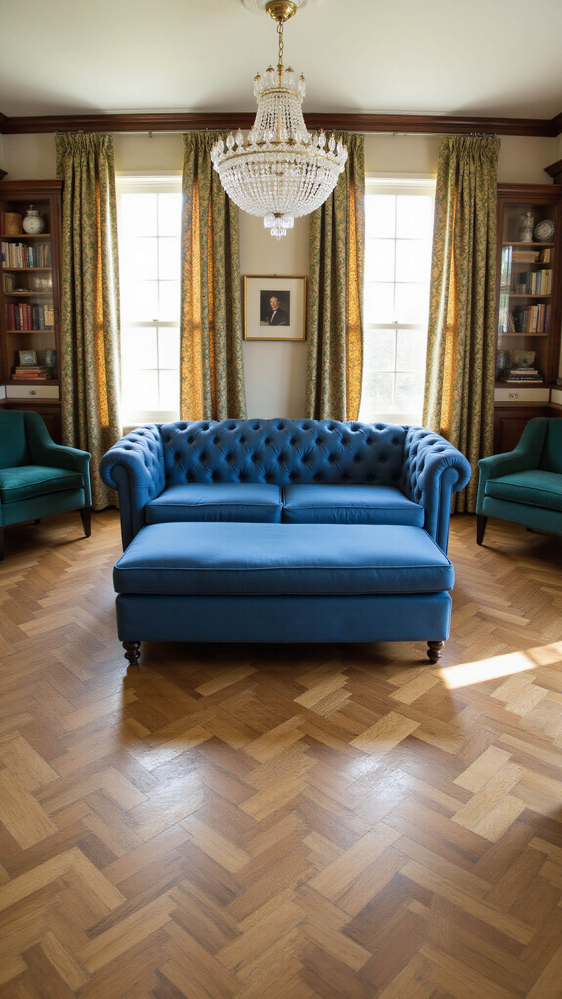 Traditional parlor with royal blue chesterfield sofa, crystal chandelier, herringbone floors, built-in bookcases, and emerald velvet chairs.