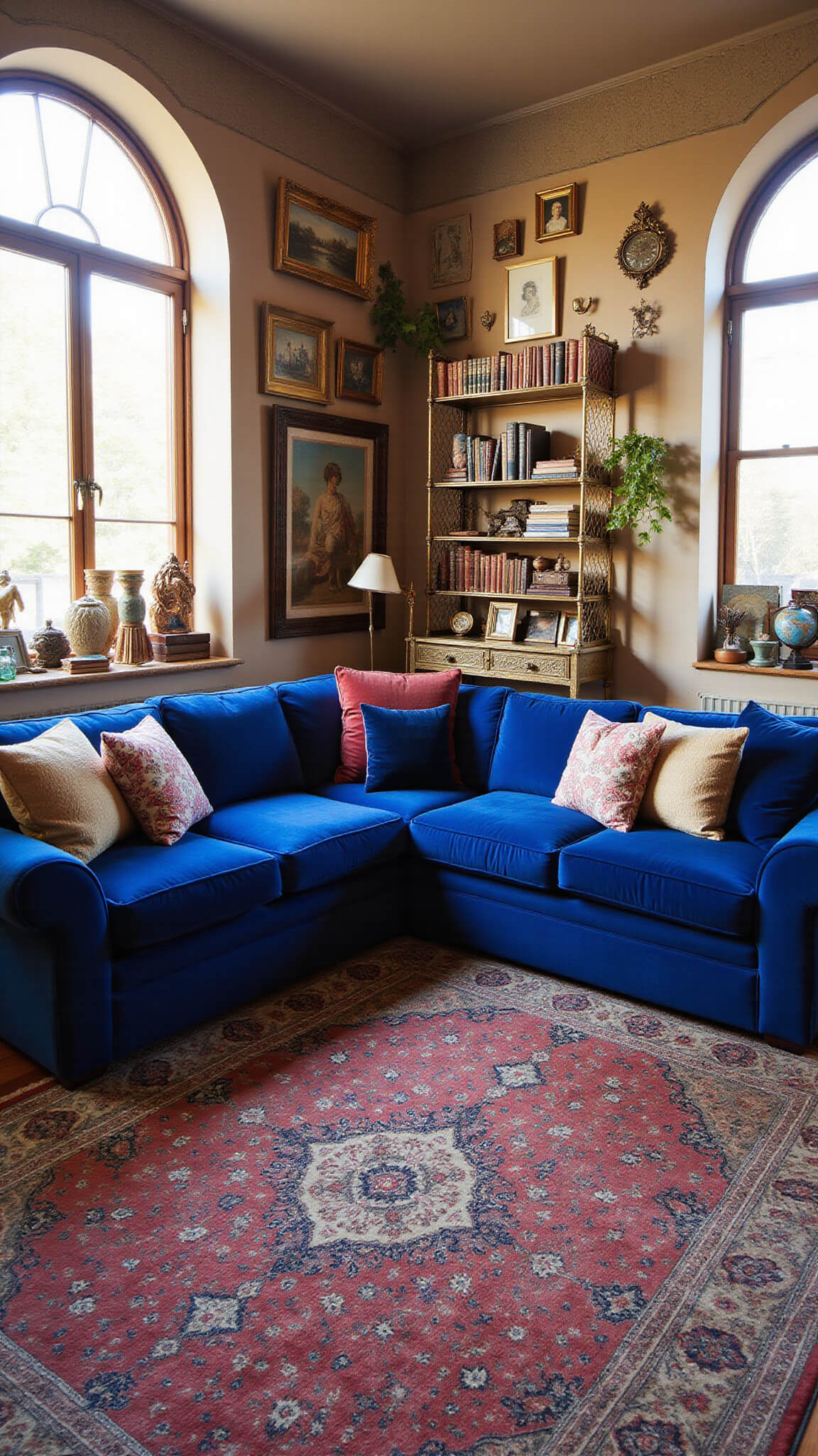 Eclectic artist's living room with cobalt blue mohair sectional, golden hour light through arched windows, layered Persian rugs, brass étagères, and vibrant vintage decor.