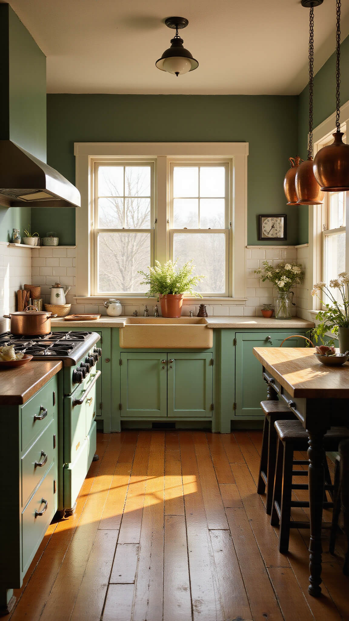 1930s farmhouse kitchen bathed in golden hour light, featuring a vintage mint-green stove, oak farm table with enamelware and wildflowers, copper pots, and period details like glass-front cabinets and butcher block.