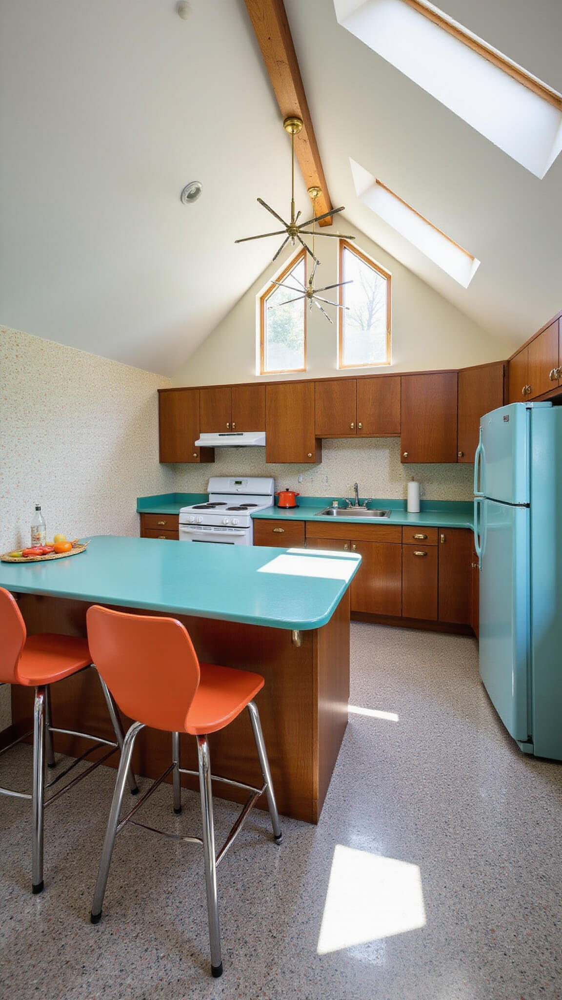 Mid-century modern kitchen with turquoise Formica peninsula, walnut cabinets, terrazzo floors, atomic orange bar stools, sputnik chandelier, and morning light from clerestory windows.