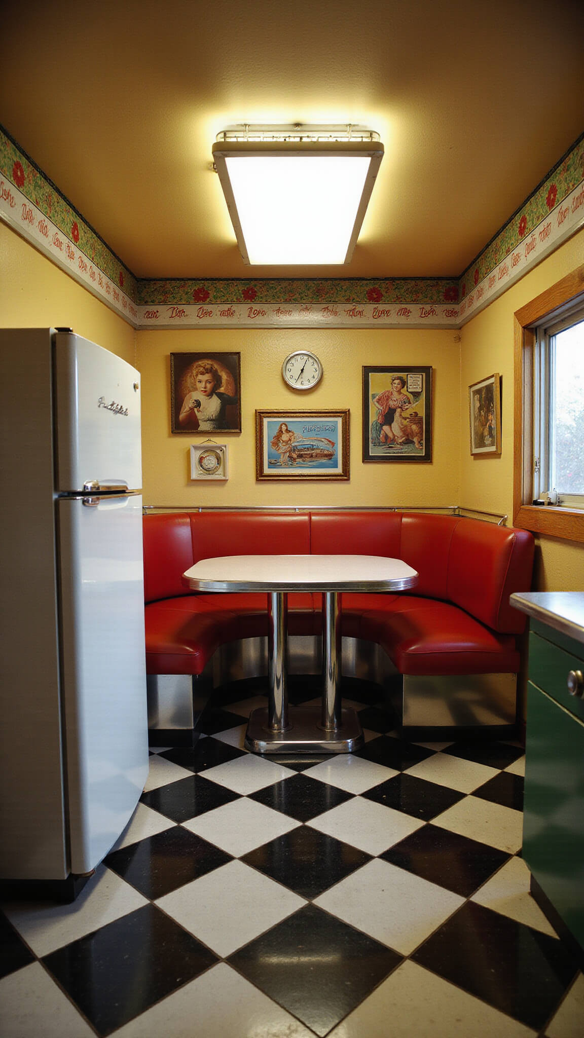 1950s diner-style kitchen with checkered floor, cherry red vinyl breakfast nook, mint Frigidaire, chrome and Formica surfaces, softly lit at twilight.