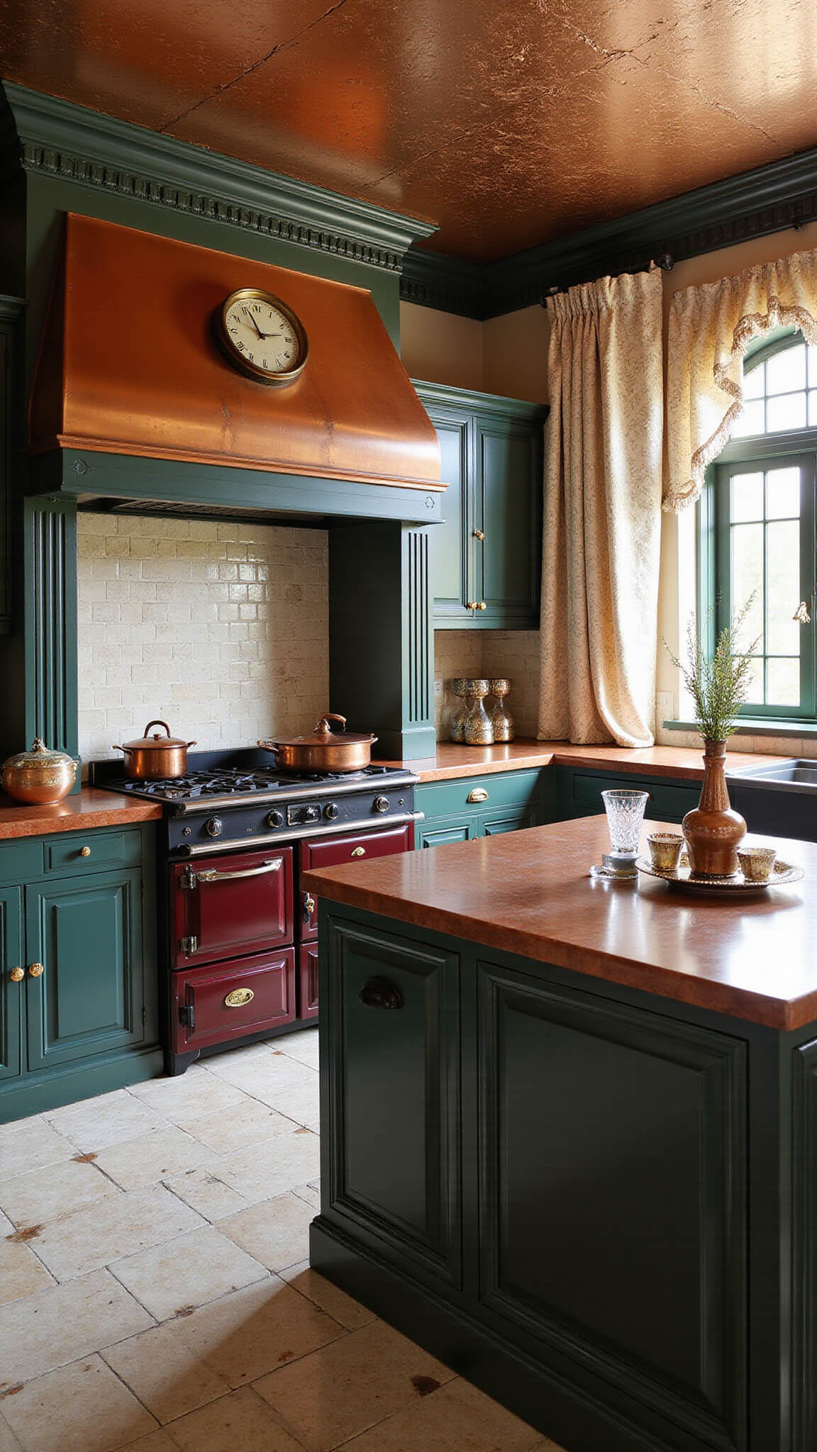 Victorian kitchen at dawn with copper island, forest green cabinets, burgundy AGA cooker, and ornate tile work under high tin ceilings.