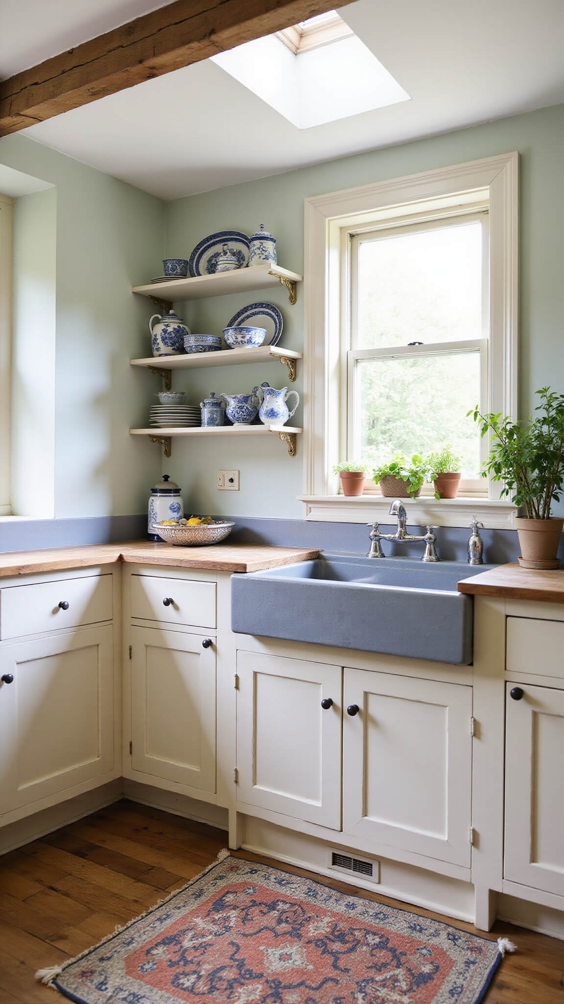 Cozy cottage kitchen with cream cabinets, blue-grey counters, exposed beams, and herb garden under skylight.