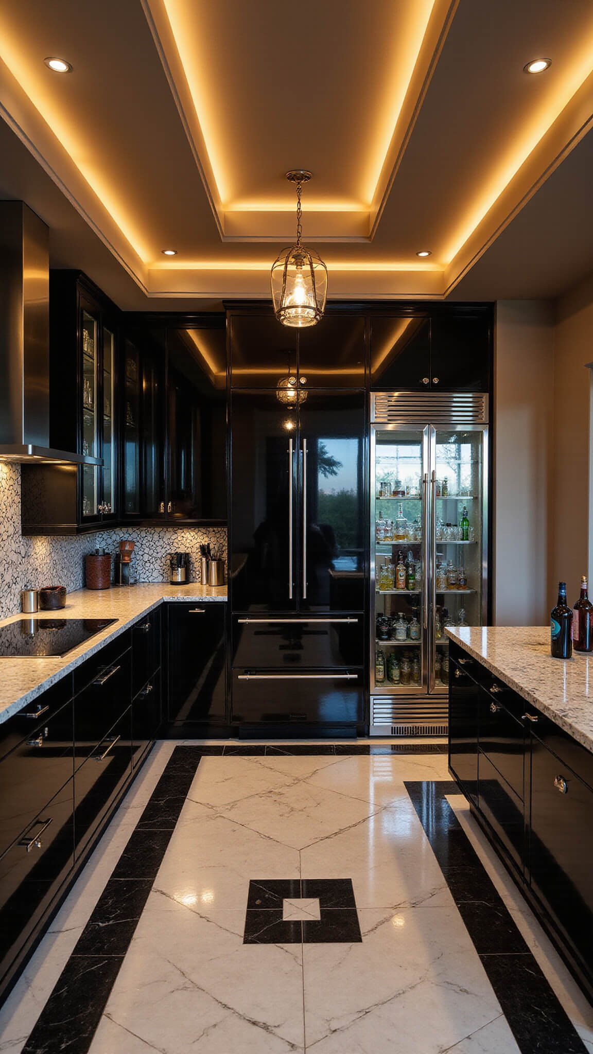 Art Deco kitchen with geometric lighting, black and white marble floors, chrome cabinets, and mirrored backsplash in warm cocktail-hour lighting.