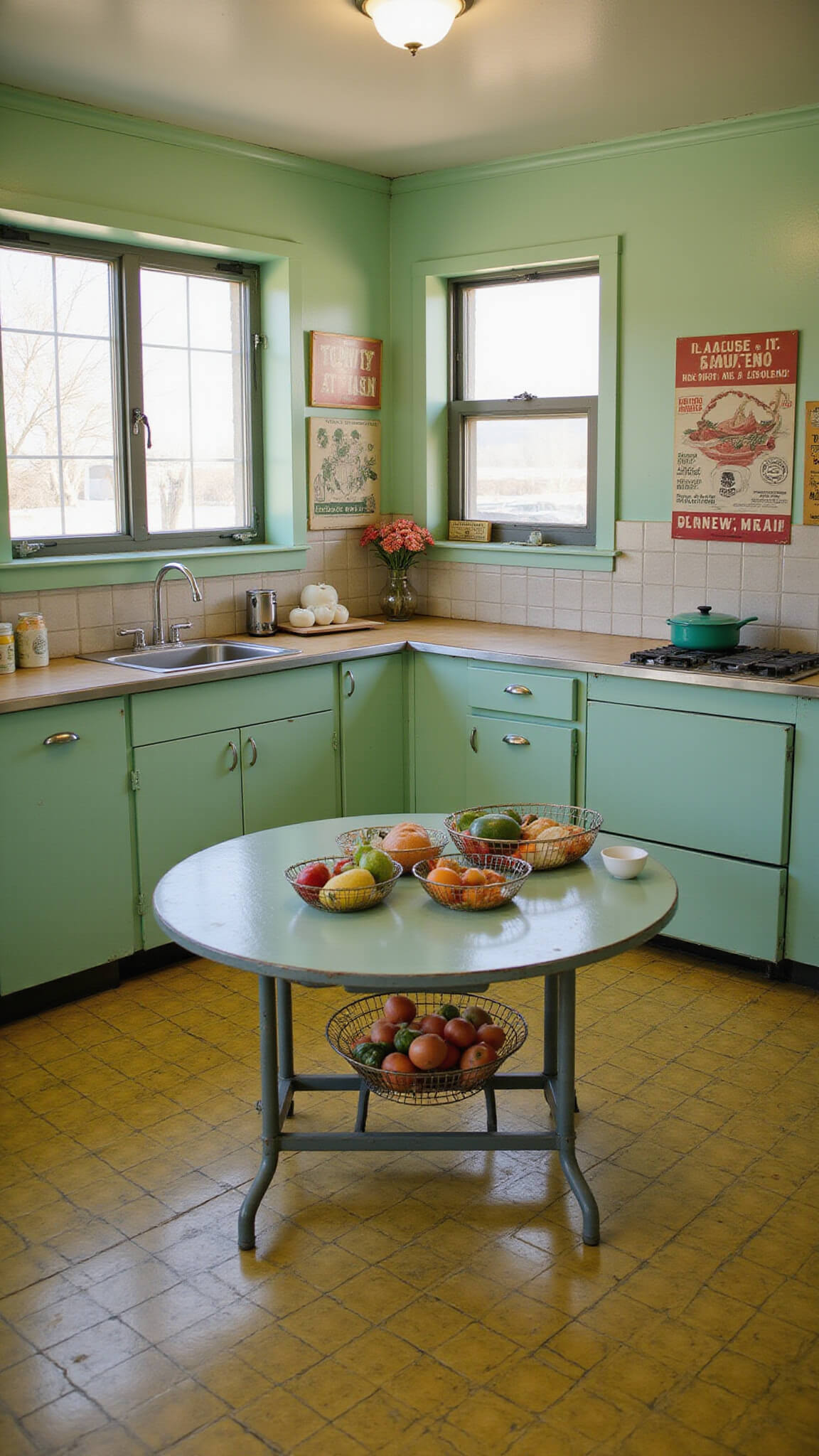 1940s Victory Kitchen with mint green cabinets, vintage enamel-top table set for lunch, wire baskets of garden produce, propaganda posters, and yellow-grey linoleum floor lit by natural window light.