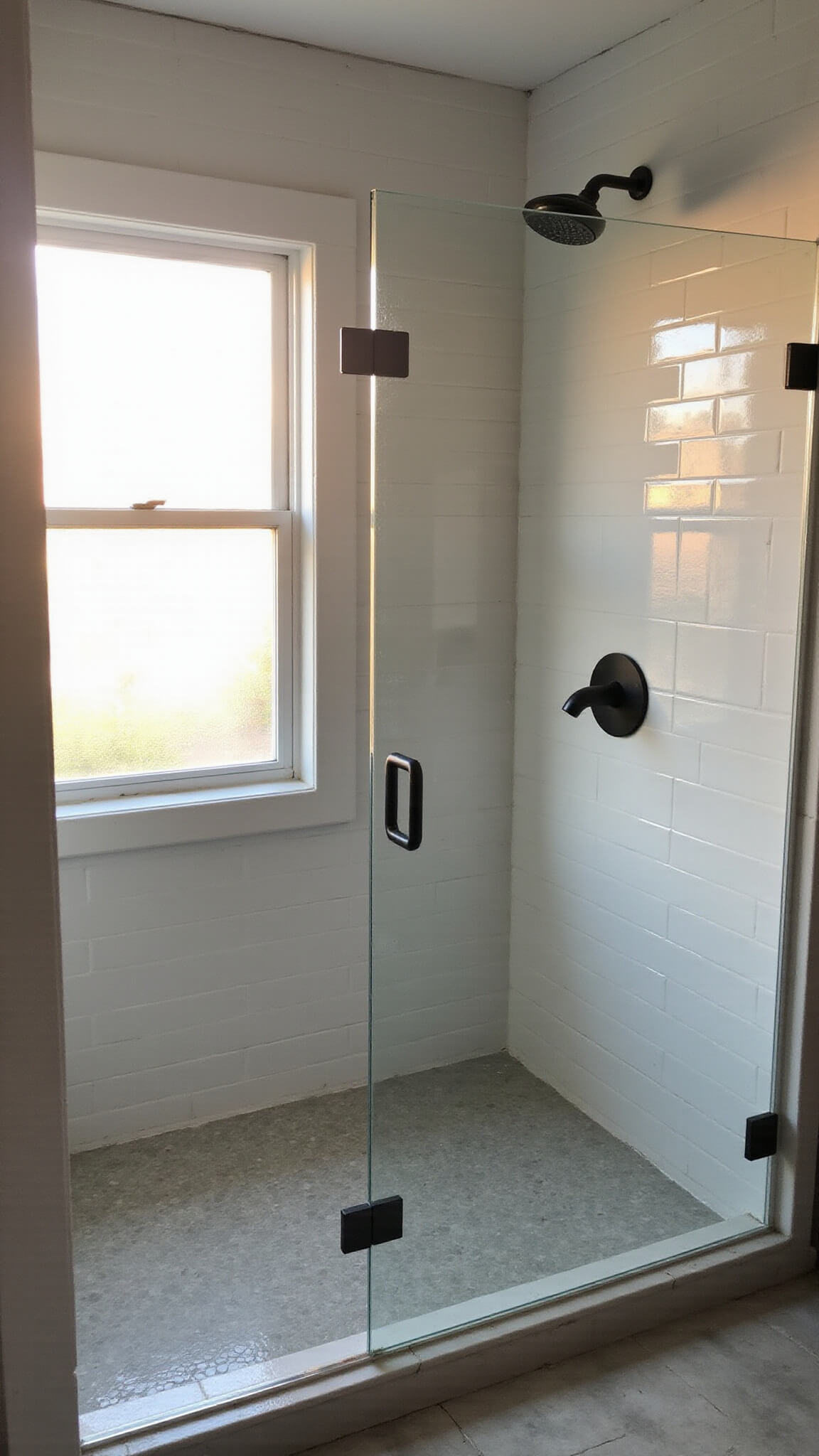 Minimalist corner shower in small bathroom with frameless glass panels, white subway tiles, matte black fixture, and hexagonal pale grey floor tiles lit by golden hour sunlight through frosted window.