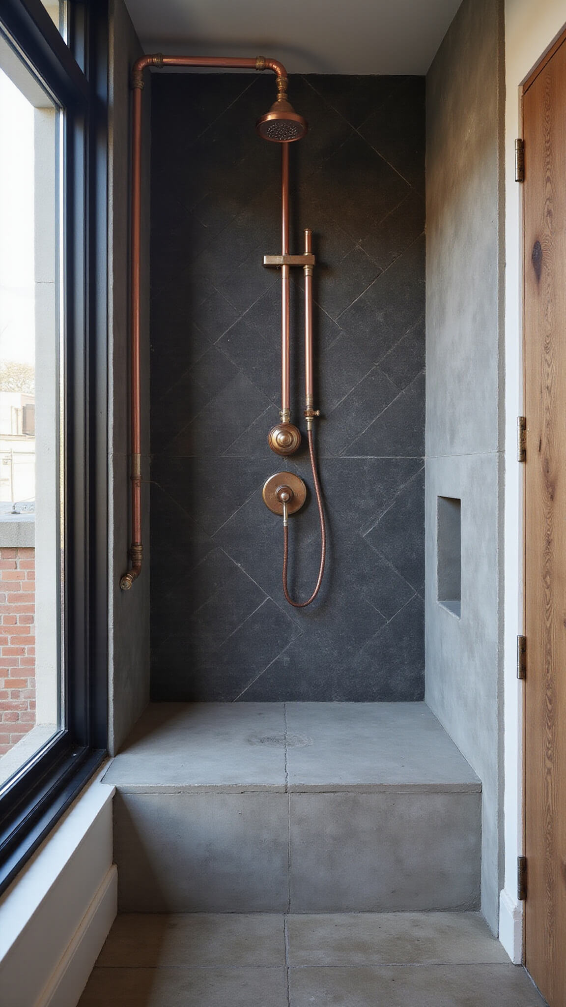 Industrial chic shower with copper pipes, charcoal geometric tiles, concrete bench, recessed niches, and black steel-framed glass panel in urban bathroom.